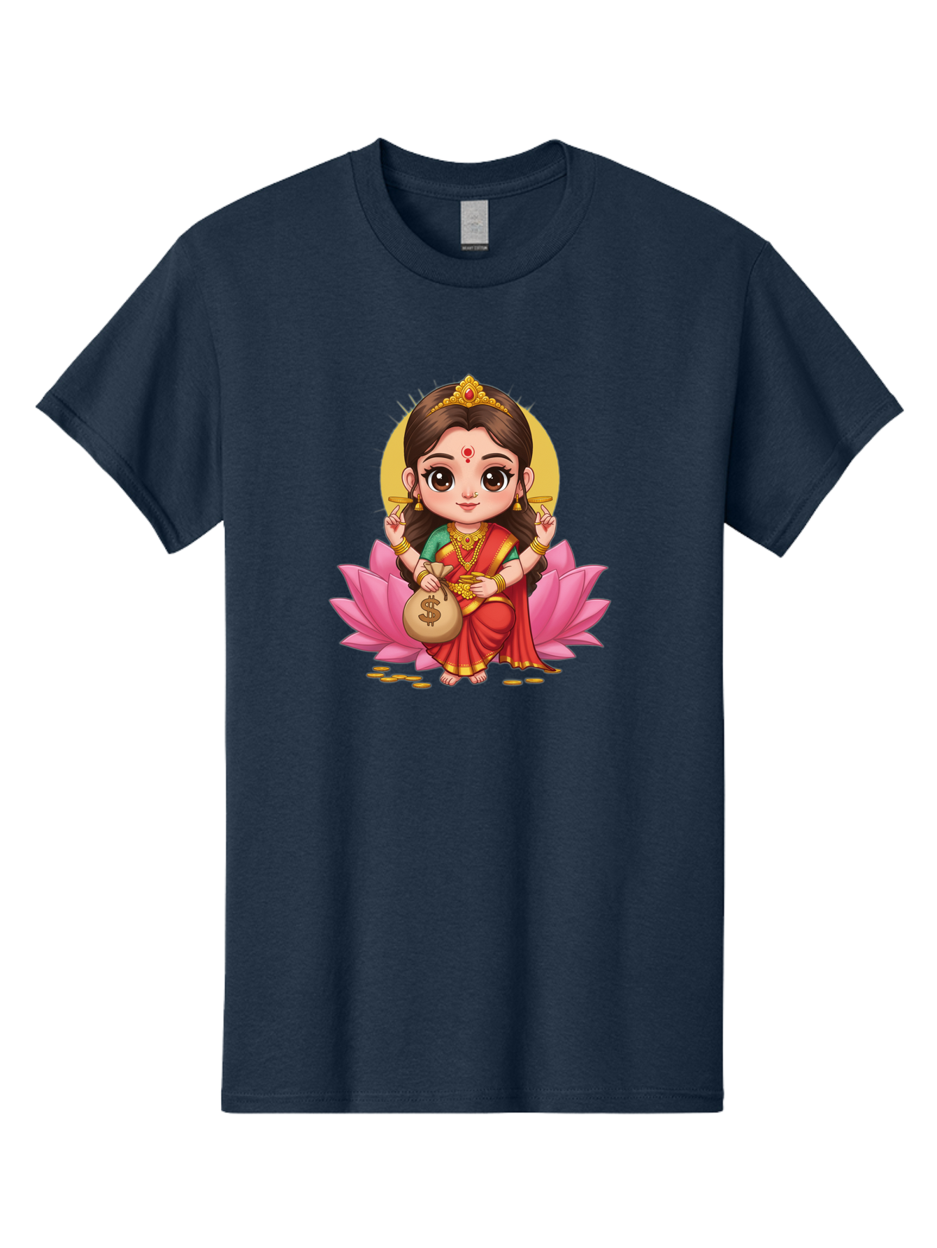 Lakshmi-4 Men'S Graphic Tee, 100% Cotton, Comfortable Casual Summer Wear, Machine Washable, Goddess Lakshmi, Hindu Deity, Prosperity Symbol, Lotus Flower, Golden Jewelry, Red Sari, Four-Armed Figure, Money Bag, Dollar Sign, Wealth And Fortune, Bad268