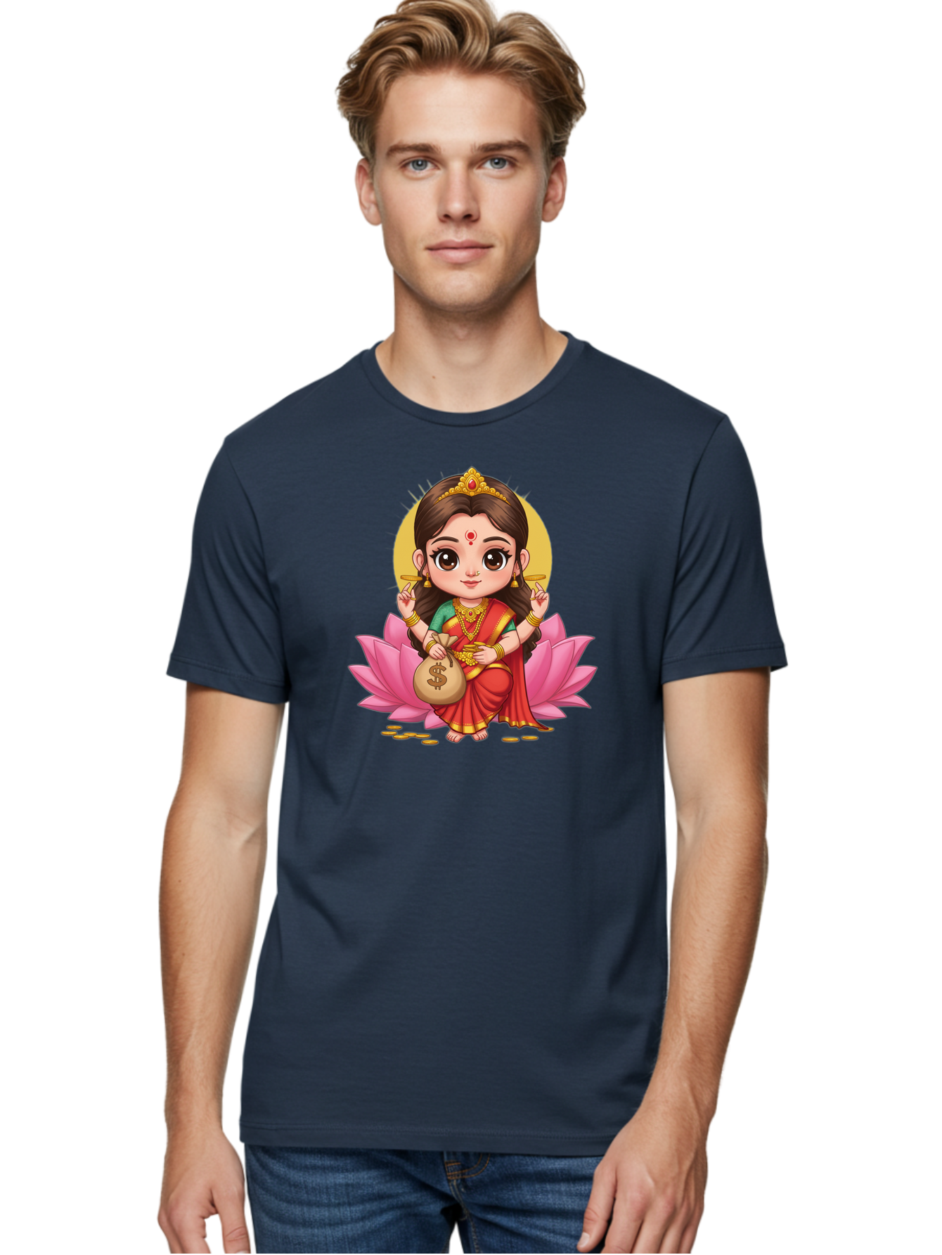 Lakshmi-4 Men'S Graphic Tee, 100% Cotton, Comfortable Casual Summer Wear, Machine Washable, Goddess Lakshmi, Hindu Deity, Prosperity Symbol, Lotus Flower, Golden Jewelry, Red Sari, Four-Armed Figure, Money Bag, Dollar Sign, Wealth And Fortune, Bad268