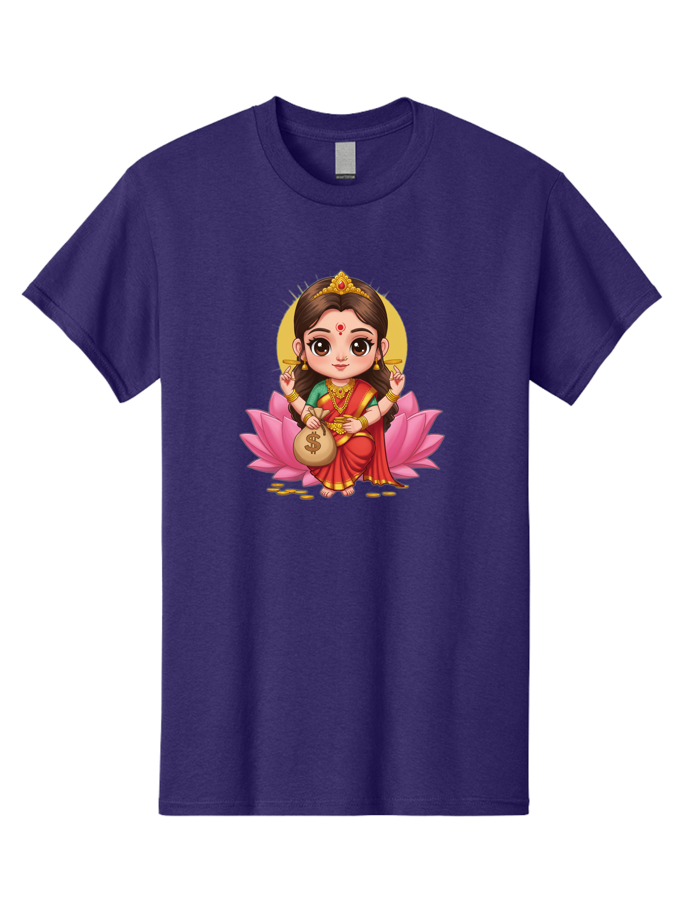 Lakshmi-4 Men'S Graphic Tee, 100% Cotton, Comfortable Casual Summer Wear, Machine Washable, Goddess Lakshmi, Hindu Deity, Prosperity Symbol, Lotus Flower, Golden Jewelry, Red Sari, Four-Armed Figure, Money Bag, Dollar Sign, Wealth And Fortune, Bad268