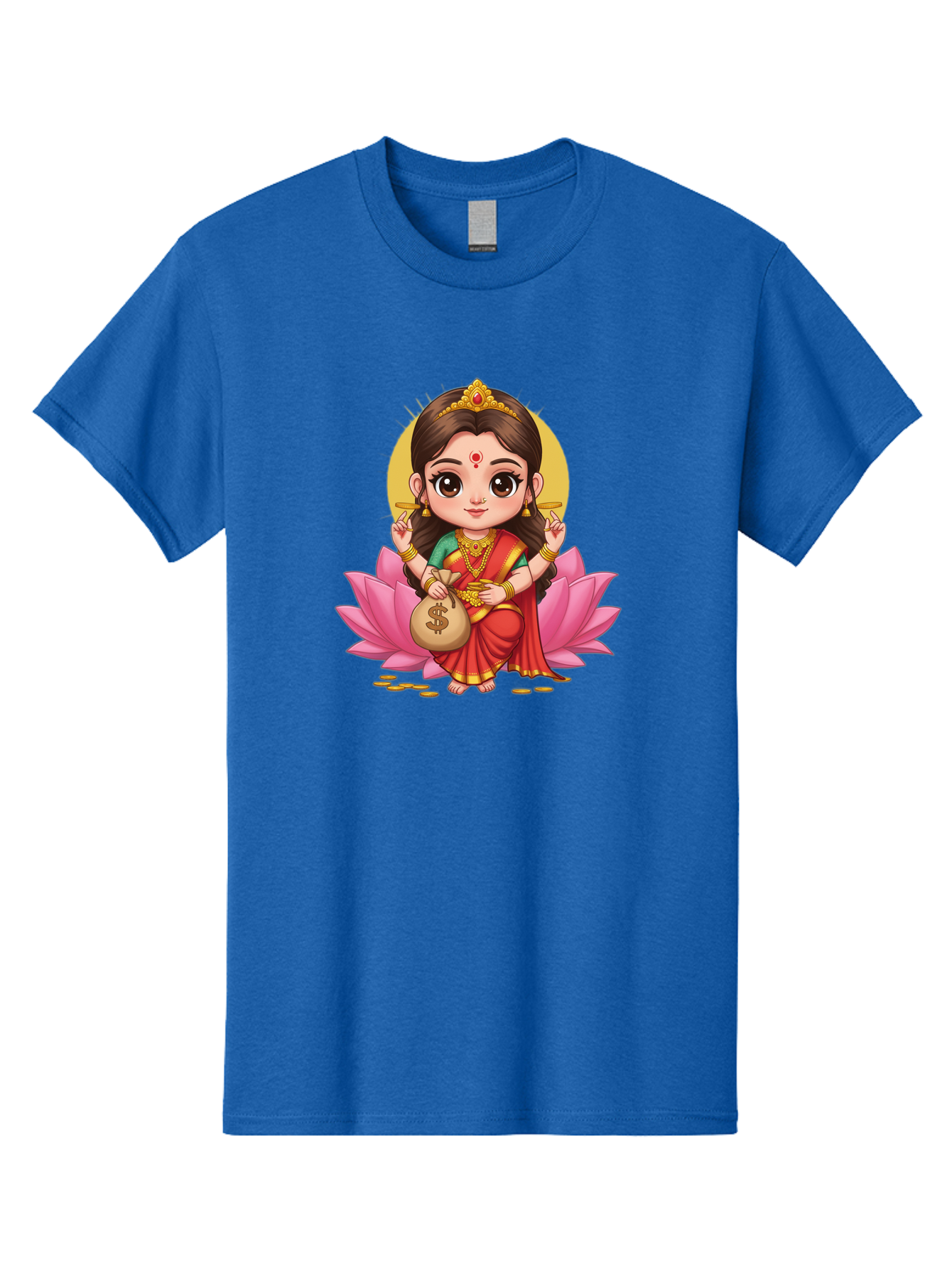 Lakshmi-4 Men'S Graphic Tee, 100% Cotton, Comfortable Casual Summer Wear, Machine Washable, Goddess Lakshmi, Hindu Deity, Prosperity Symbol, Lotus Flower, Golden Jewelry, Red Sari, Four-Armed Figure, Money Bag, Dollar Sign, Wealth And Fortune, Bad268