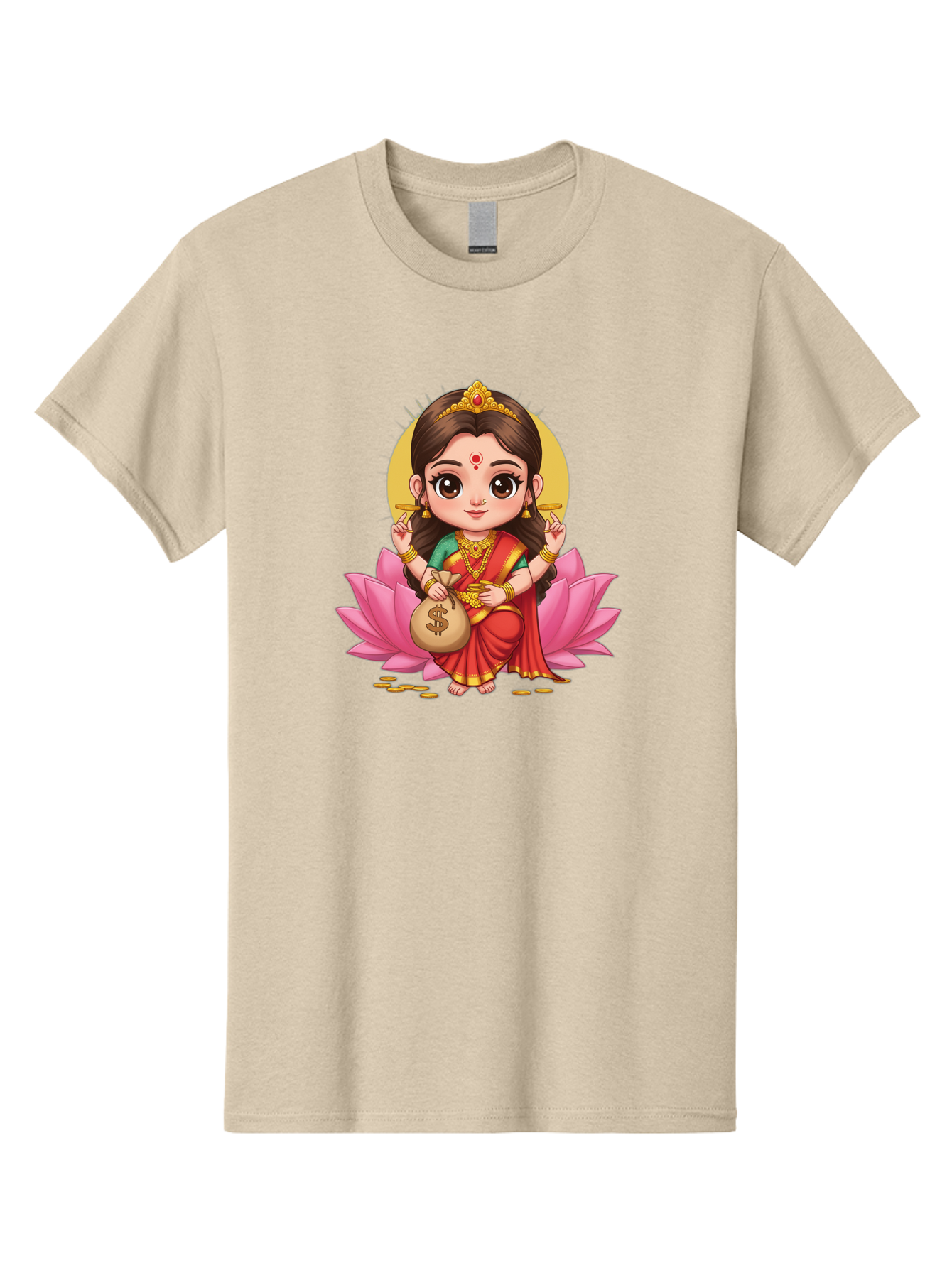 Lakshmi-4 Men'S Graphic Tee, 100% Cotton, Comfortable Casual Summer Wear, Machine Washable, Goddess Lakshmi, Hindu Deity, Prosperity Symbol, Lotus Flower, Golden Jewelry, Red Sari, Four-Armed Figure, Money Bag, Dollar Sign, Wealth And Fortune, Bad268