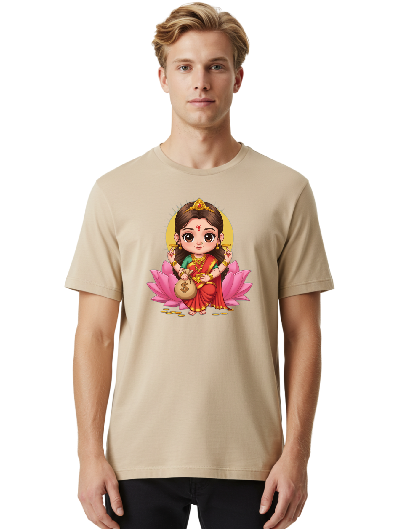 Lakshmi-4 Men'S Graphic Tee, 100% Cotton, Comfortable Casual Summer Wear, Machine Washable, Goddess Lakshmi, Hindu Deity, Prosperity Symbol, Lotus Flower, Golden Jewelry, Red Sari, Four-Armed Figure, Money Bag, Dollar Sign, Wealth And Fortune, Bad268