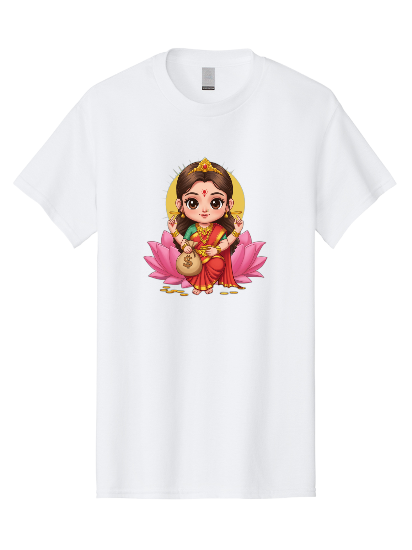 Lakshmi-4 Men'S Graphic Tee, 100% Cotton, Comfortable Casual Summer Wear, Machine Washable, Goddess Lakshmi, Hindu Deity, Prosperity Symbol, Lotus Flower, Golden Jewelry, Red Sari, Four-Armed Figure, Money Bag, Dollar Sign, Wealth And Fortune, Bad268