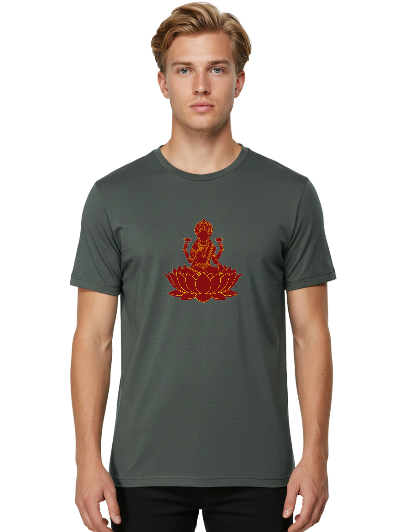 Lakshmi-Lotus Men'S Graphic Tee, 100% Cotton, Comfortable Casual Summer Wear, Machine Washable, Goddess On Lotus, Lotus Flower, Spiritual Symbolism, Meditation, Mindfulness, Spiritual Growth, Inner Peace, Yoga, Wellness, Feminine Energy, Bad269