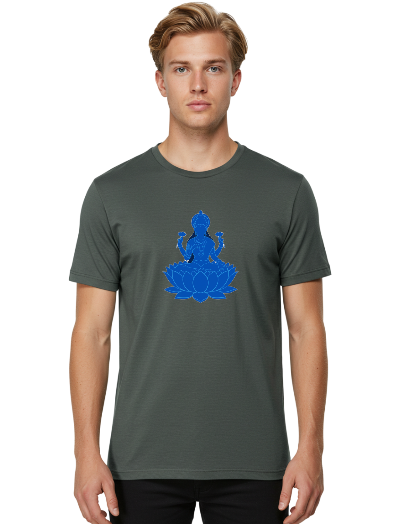 Lakshmi Men'S Graphic Tee, 100% Cotton, Comfortable Casual Summer Wear, Machine Washable, Goddess Lakshmi, Lotus Flower, Spiritual Symbolism, Hindu Mythology, Serene Pose, Symbolic Jewelry, Tranquil Atmosphere, Yoga, Meditation, Inner Peace, Bad270