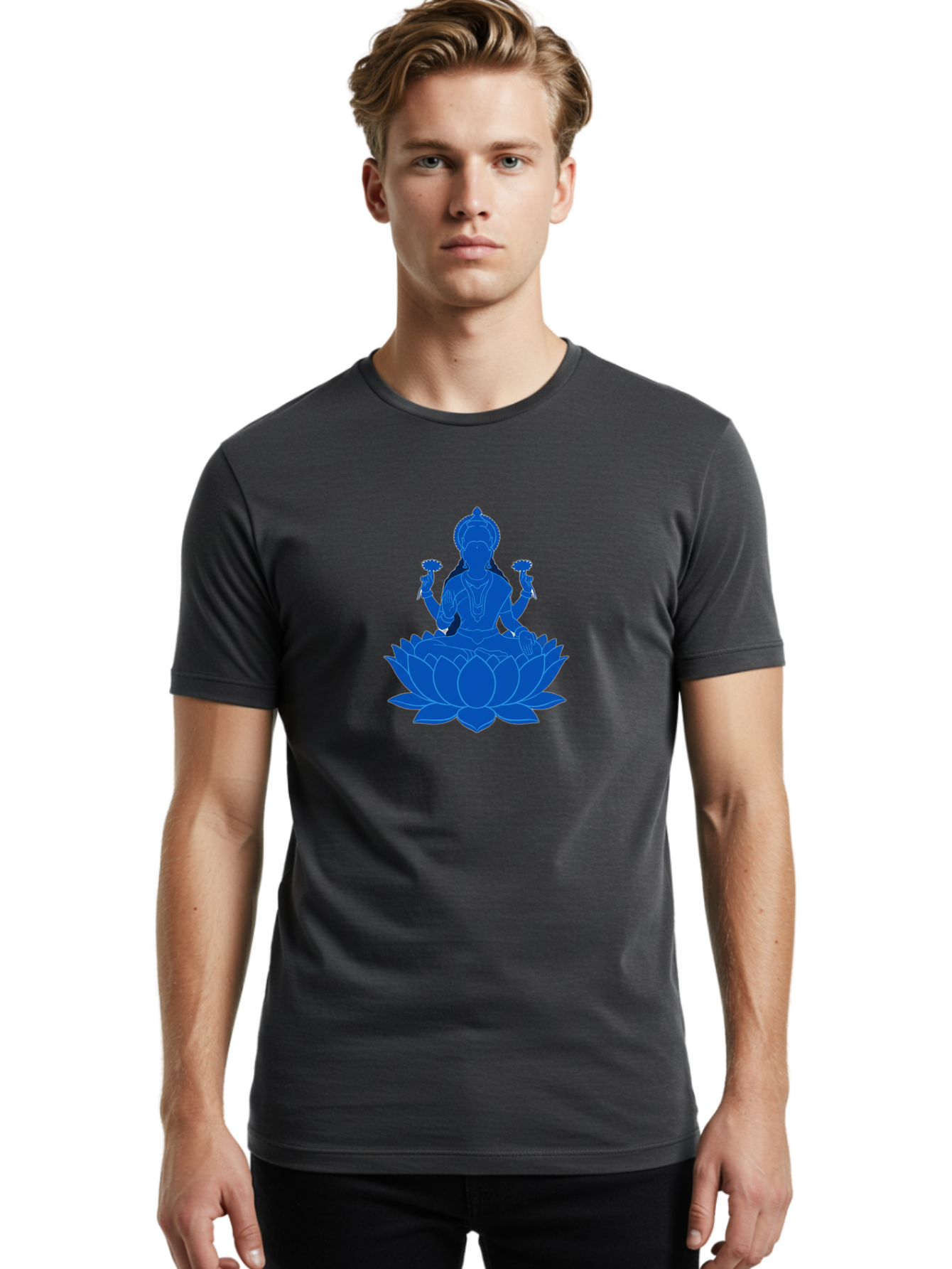Lakshmi Men'S Graphic Tee, 100% Cotton, Comfortable Casual Summer Wear, Machine Washable, Goddess Lakshmi, Lotus Flower, Spiritual Symbolism, Hindu Mythology, Serene Pose, Symbolic Jewelry, Tranquil Atmosphere, Yoga, Meditation, Inner Peace, Bad270