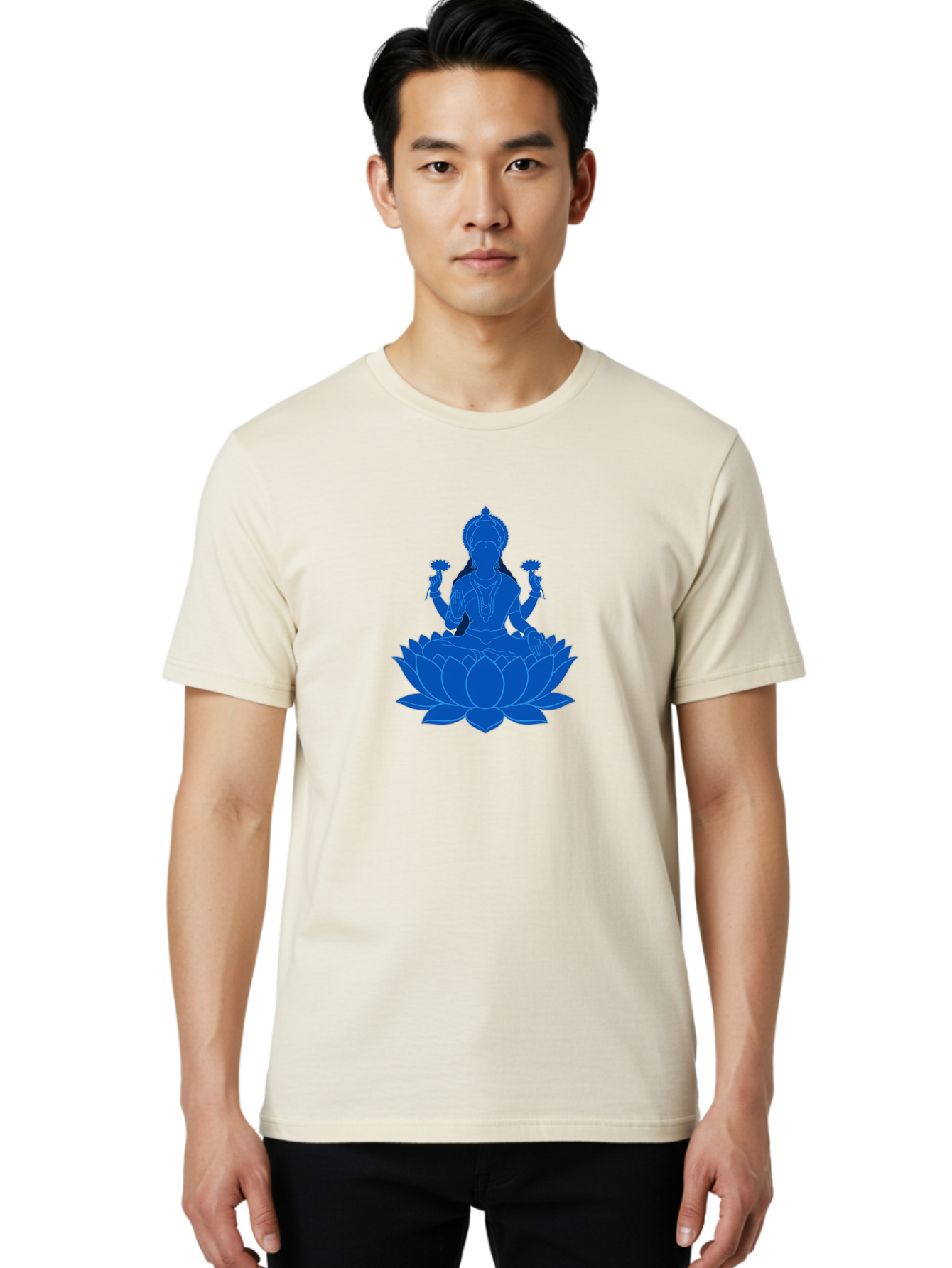 Lakshmi Men'S Graphic Tee, 100% Cotton, Comfortable Casual Summer Wear, Machine Washable, Goddess Lakshmi, Lotus Flower, Spiritual Symbolism, Hindu Mythology, Serene Pose, Symbolic Jewelry, Tranquil Atmosphere, Yoga, Meditation, Inner Peace, Bad270