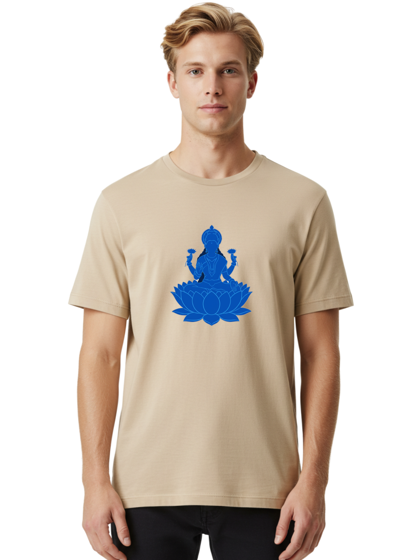 Lakshmi Men'S Graphic Tee, 100% Cotton, Comfortable Casual Summer Wear, Machine Washable, Goddess Lakshmi, Lotus Flower, Spiritual Symbolism, Hindu Mythology, Serene Pose, Symbolic Jewelry, Tranquil Atmosphere, Yoga, Meditation, Inner Peace, Bad270