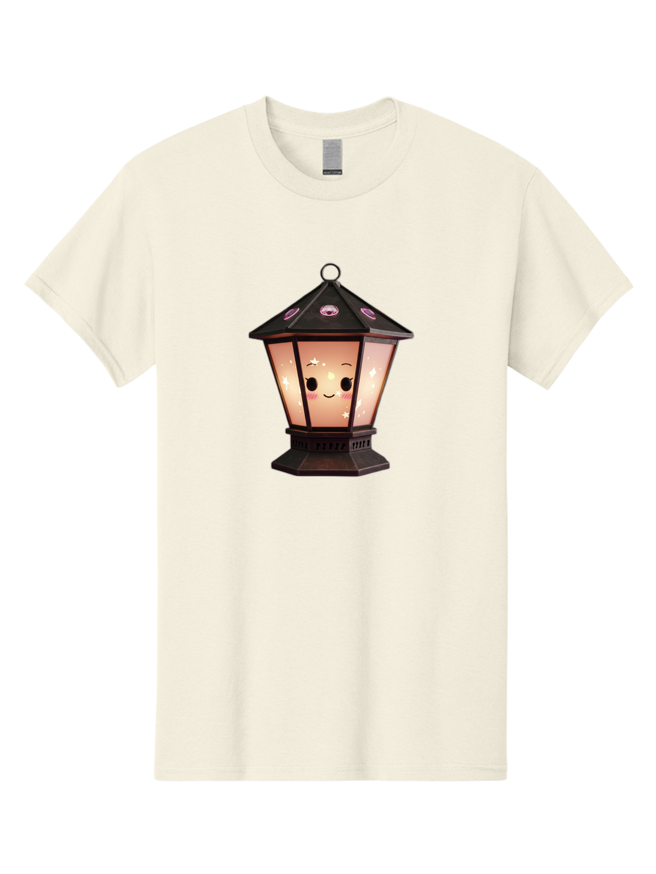 Lamp-Post-Kawaii-Face Men'S Graphic Tee, 100% Cotton, Comfortable Casual Summer Wear, Machine Washable, Cartoon Lantern, Smiling Face, Kawaii, Soft Lighting, Sparkles, Whimsical Design, Decorative Lantern, Pink Cheeks Bad271