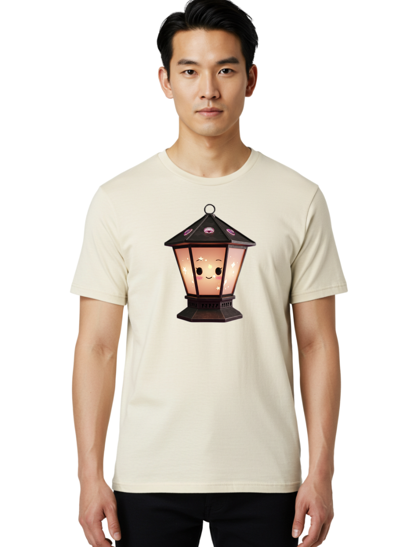 Lamp-Post-Kawaii-Face Men'S Graphic Tee, 100% Cotton, Comfortable Casual Summer Wear, Machine Washable, Cartoon Lantern, Smiling Face, Kawaii, Soft Lighting, Sparkles, Whimsical Design, Decorative Lantern, Pink Cheeks Bad271