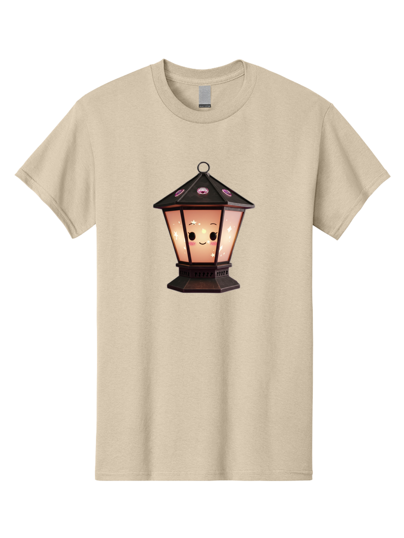 Lamp-Post-Kawaii-Face Men'S Graphic Tee, 100% Cotton, Comfortable Casual Summer Wear, Machine Washable, Cartoon Lantern, Smiling Face, Kawaii, Soft Lighting, Sparkles, Whimsical Design, Decorative Lantern, Pink Cheeks Bad271