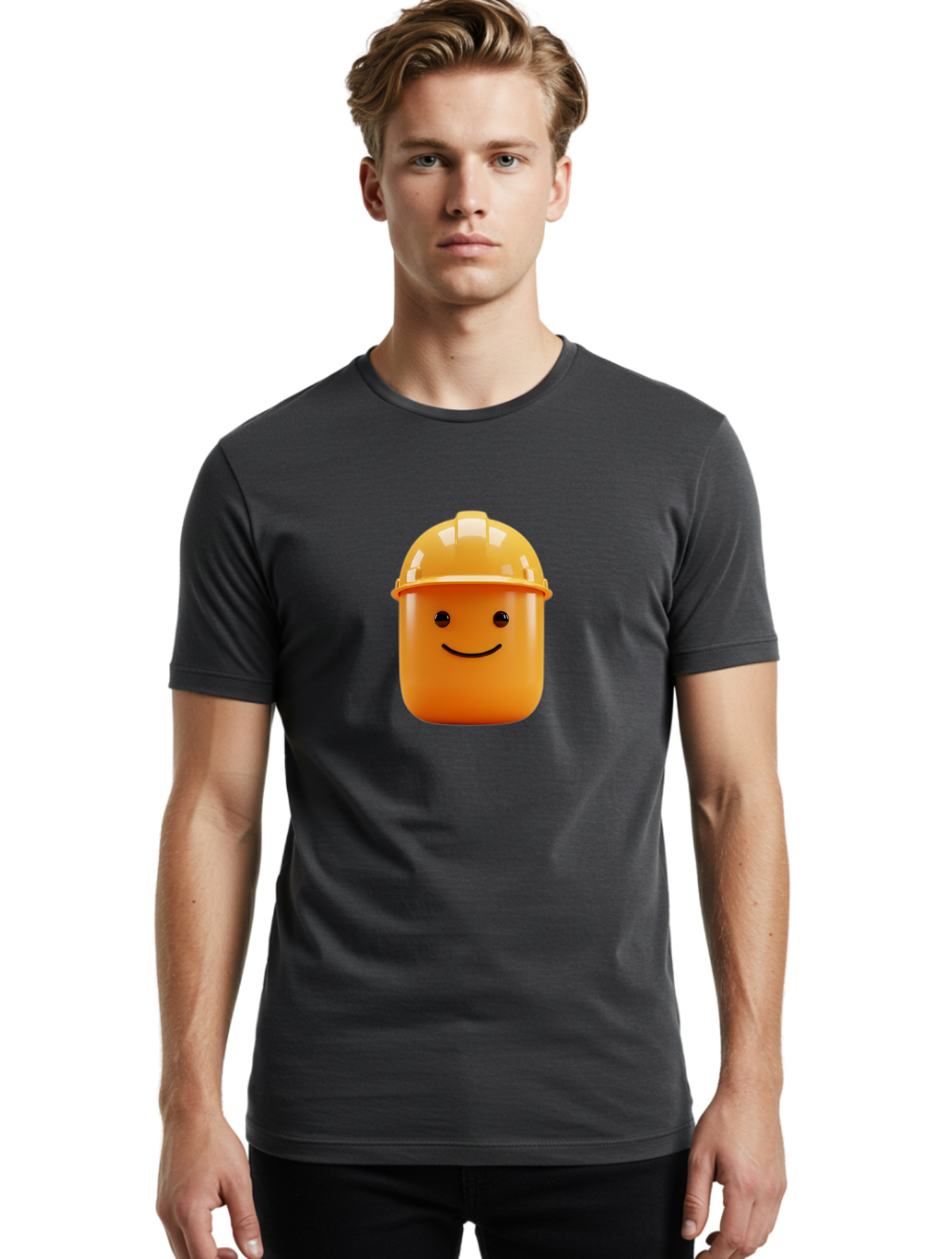 Lego-Minifigure-Head Men'S Graphic Tee, 100% Cotton, Comfortable Casual Summer Wear, Machine Washable, Lego Minifigure Head, Yellow Hard Hat, Smiling Face, Cartoon Character, Construction Theme, Playful Design, Fun Graphic, Lego Character, Bad276