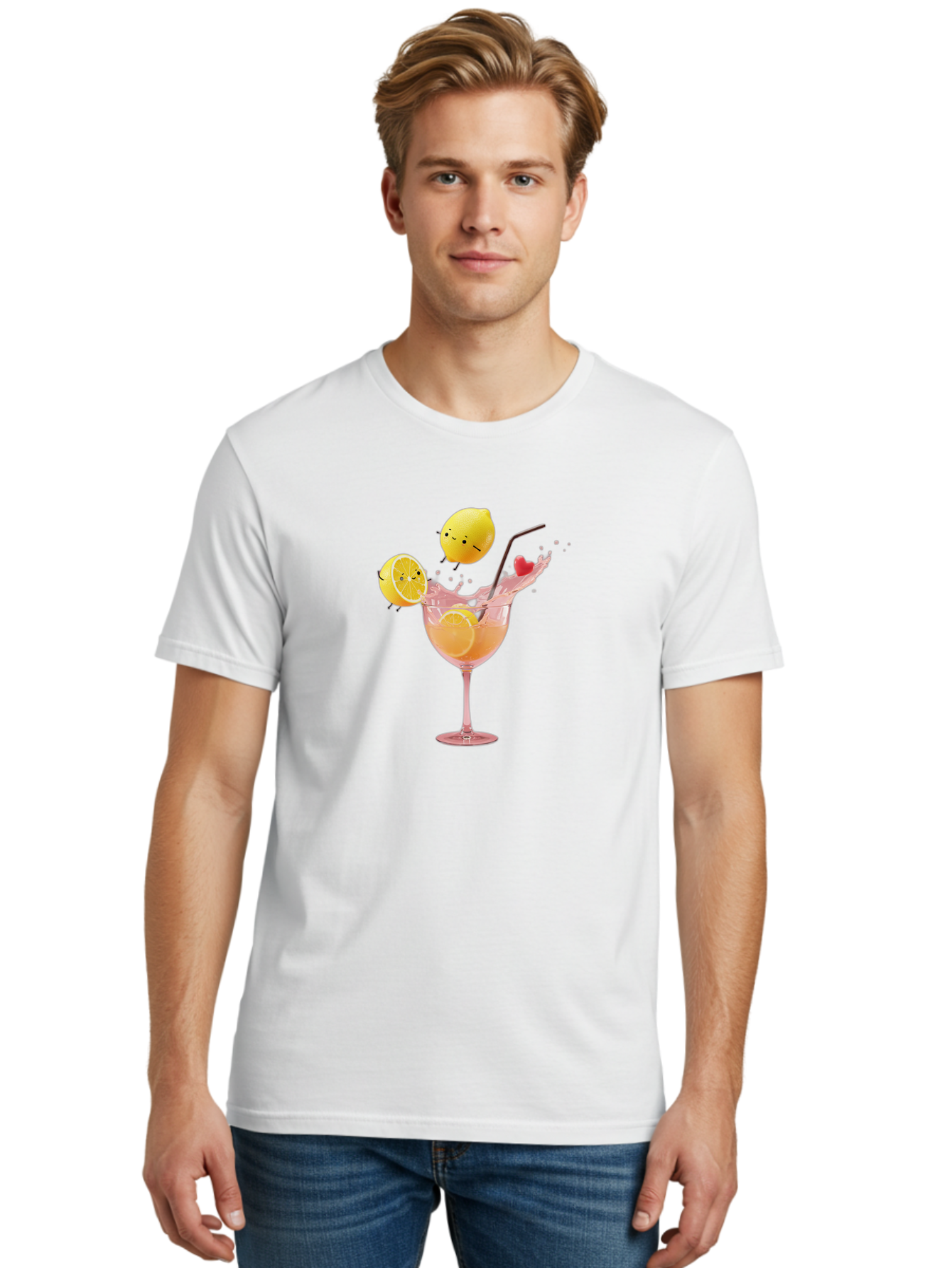 Lemon-Spritzer Men'S Graphic Tee, 100% Cotton, Comfortable Casual Summer Wear, Machine Washable, Refreshing Cocktail, Lemon Slices, Pink Drink, Straw, Splashing Liquid, Citrus Fruit, Funny Characters, Cartoon Lemons, Summer Drink, Bad277
