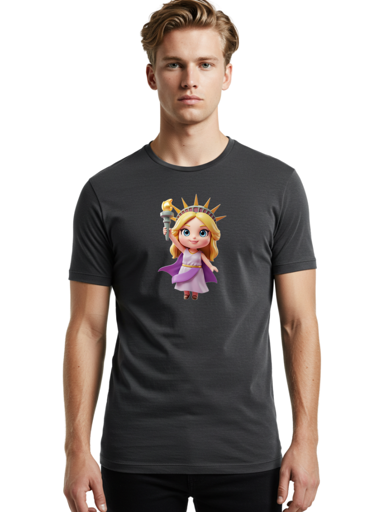 Liberty-Girl Men'S Graphic Tee, 100% Cotton, Comfortable Casual Summer Wear, Machine Washable, Cartoon Lady Liberty, Statue Of Liberty Figurine, Liberty Holding Torch, Purple Cape, White Dress, Golden Belt, Blonde Hair, Blue Eyes, Bad279