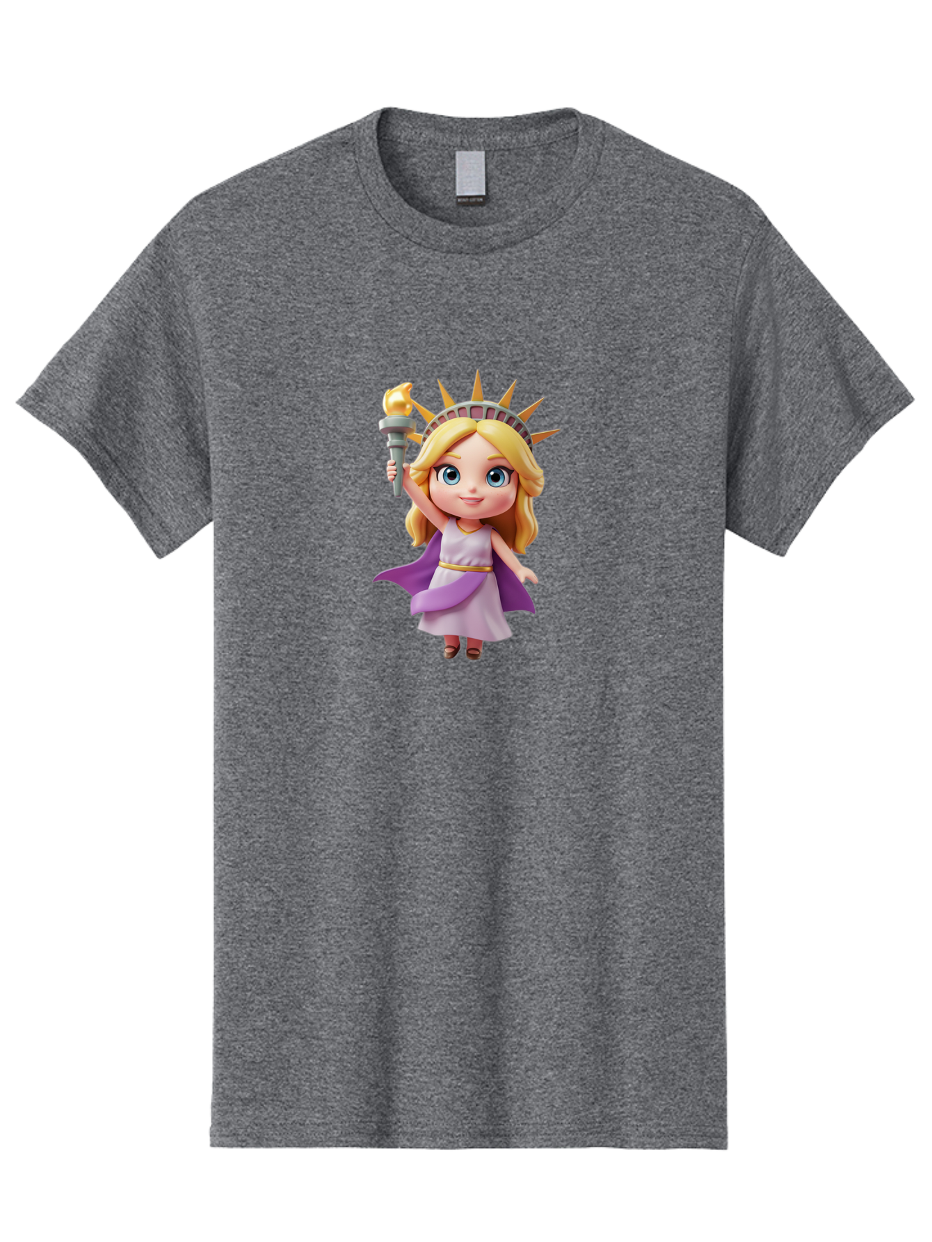 Liberty-Girl Men'S Graphic Tee, 100% Cotton, Comfortable Casual Summer Wear, Machine Washable, Cartoon Lady Liberty, Statue Of Liberty Figurine, Liberty Holding Torch, Purple Cape, White Dress, Golden Belt, Blonde Hair, Blue Eyes, Bad279