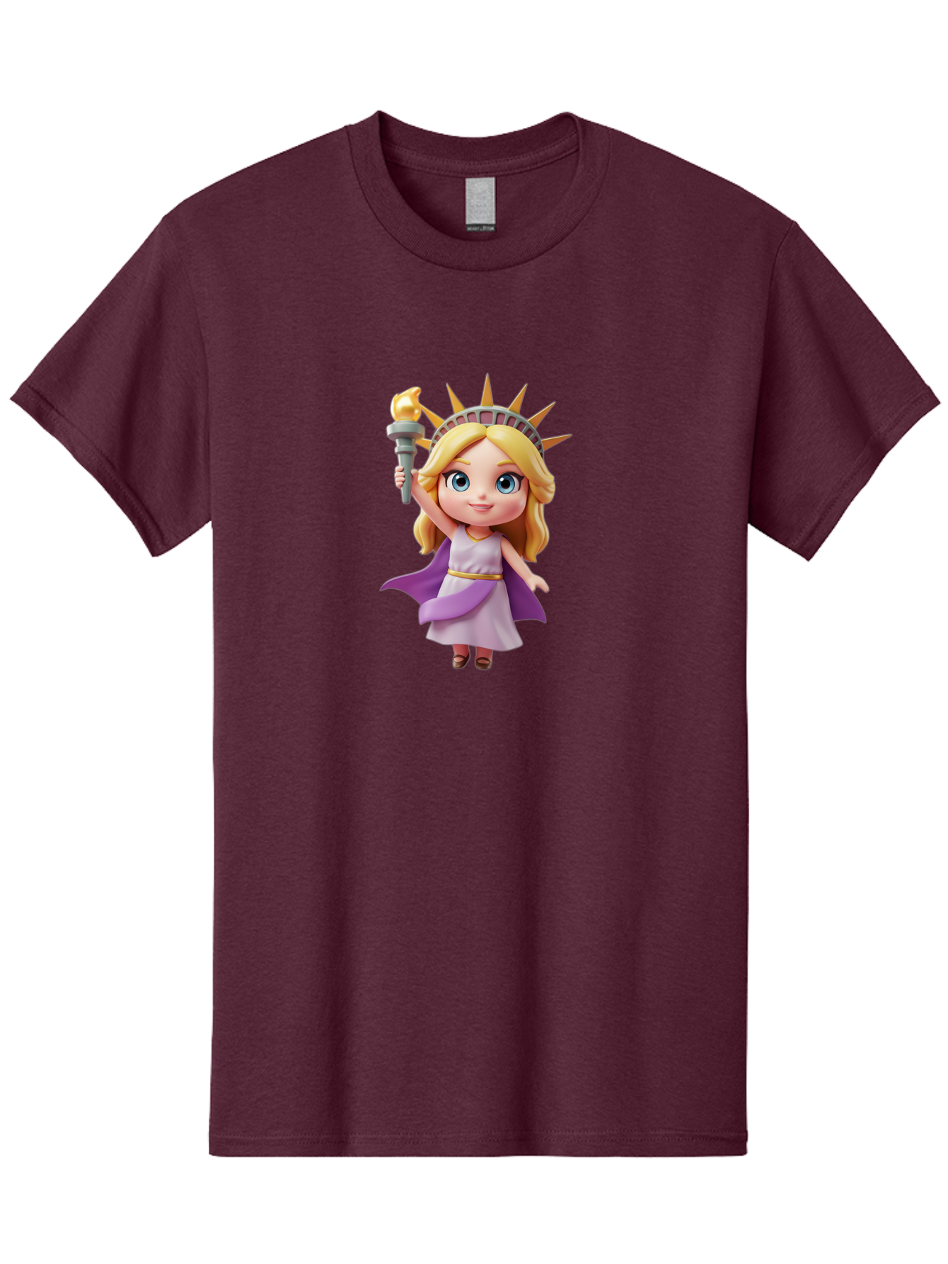 Liberty-Girl Men'S Graphic Tee, 100% Cotton, Comfortable Casual Summer Wear, Machine Washable, Cartoon Lady Liberty, Statue Of Liberty Figurine, Liberty Holding Torch, Purple Cape, White Dress, Golden Belt, Blonde Hair, Blue Eyes, Bad279