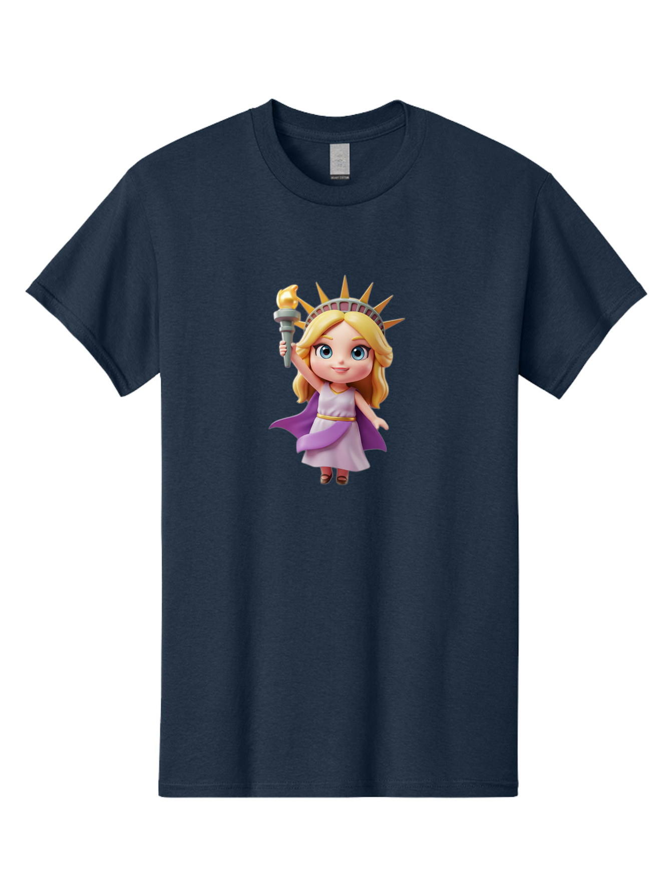 Liberty-Girl Men'S Graphic Tee, 100% Cotton, Comfortable Casual Summer Wear, Machine Washable, Cartoon Lady Liberty, Statue Of Liberty Figurine, Liberty Holding Torch, Purple Cape, White Dress, Golden Belt, Blonde Hair, Blue Eyes, Bad279
