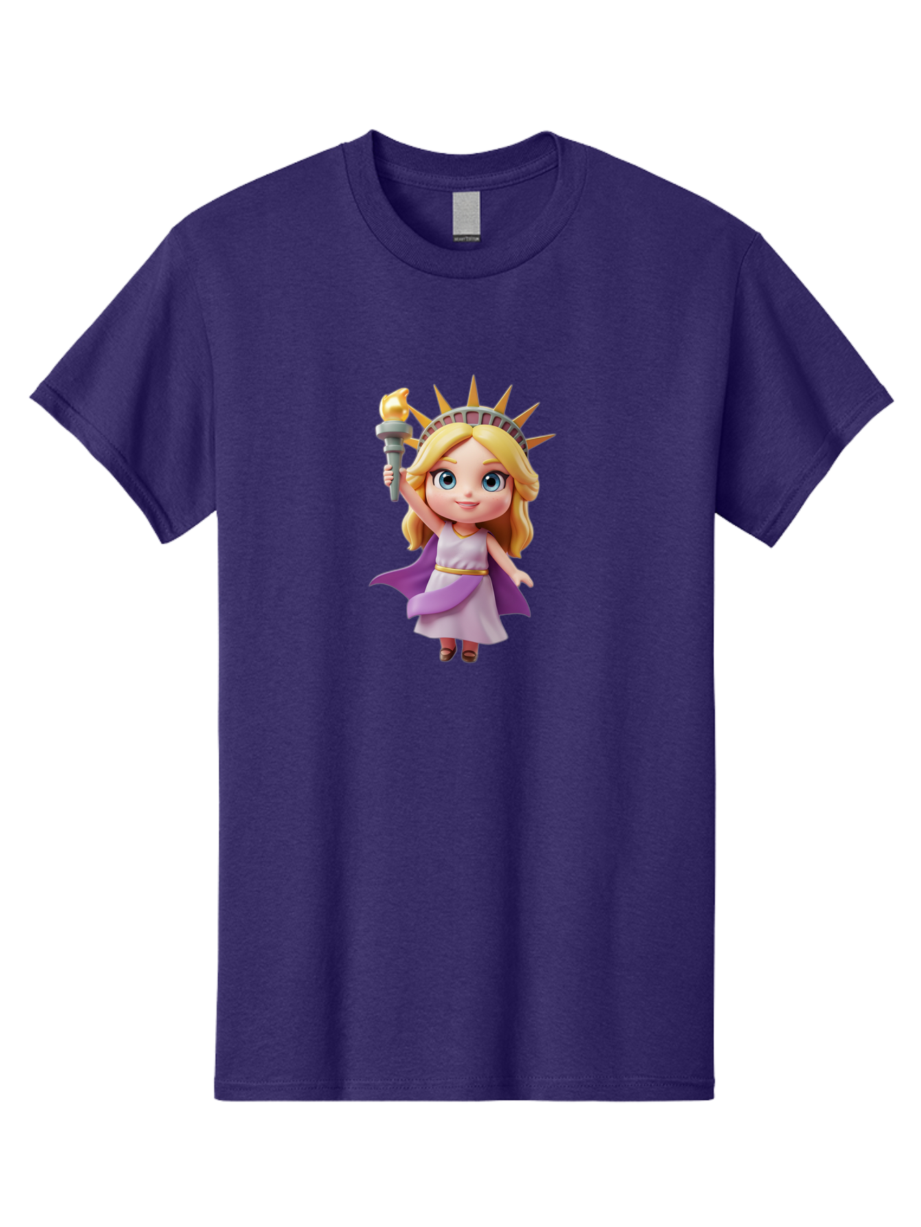 Liberty-Girl Men'S Graphic Tee, 100% Cotton, Comfortable Casual Summer Wear, Machine Washable, Cartoon Lady Liberty, Statue Of Liberty Figurine, Liberty Holding Torch, Purple Cape, White Dress, Golden Belt, Blonde Hair, Blue Eyes, Bad279