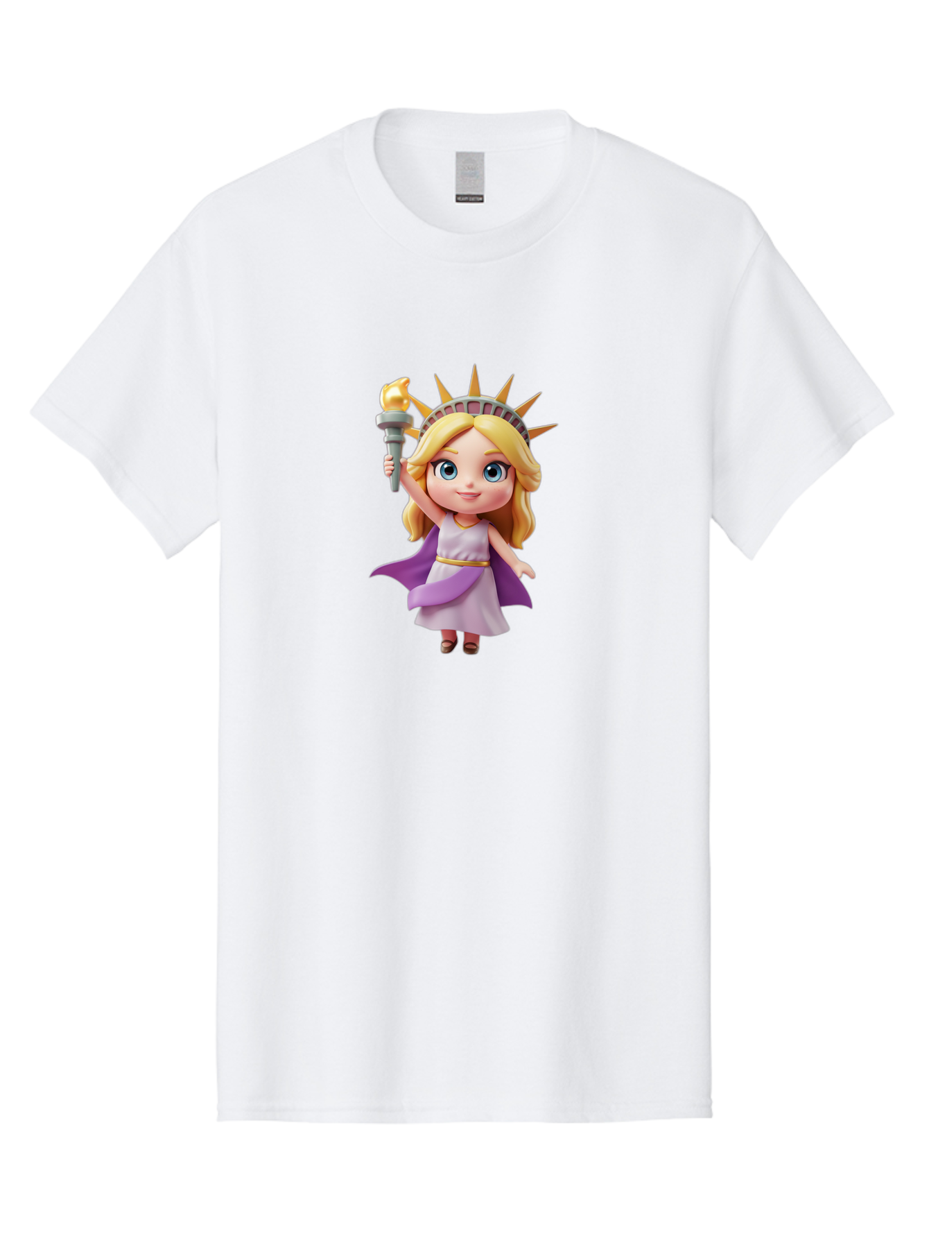 Liberty-Girl Men'S Graphic Tee, 100% Cotton, Comfortable Casual Summer Wear, Machine Washable, Cartoon Lady Liberty, Statue Of Liberty Figurine, Liberty Holding Torch, Purple Cape, White Dress, Golden Belt, Blonde Hair, Blue Eyes, Bad279
