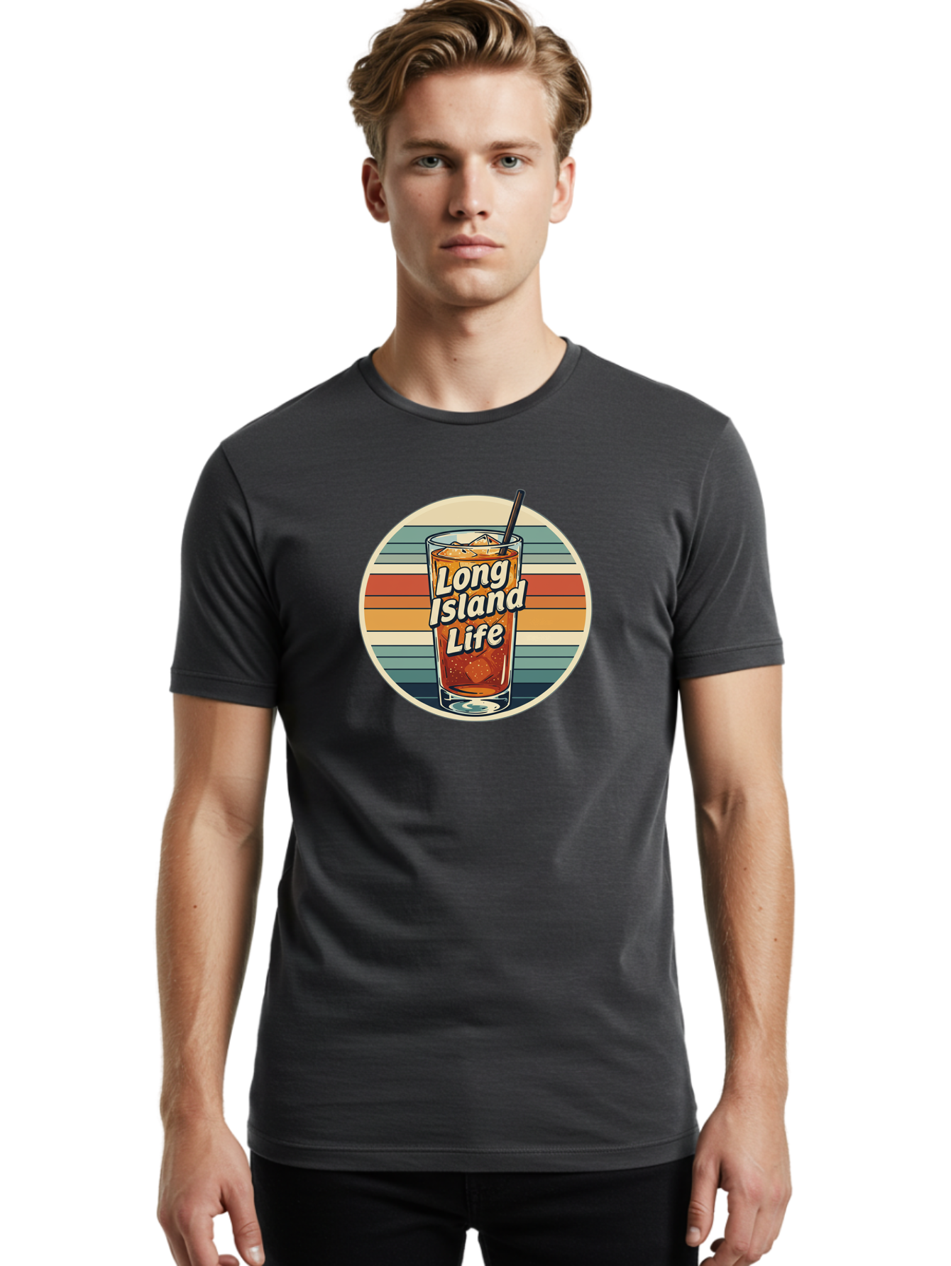 Long-Island-Life Men'S Graphic Tee, 100% Cotton, Comfortable Casual Summer Wear, Machine Washable, Iced Tea, Retro Design, Striped Pattern, Refreshing Drink, Summer Vibes, Long Island Life, Cocktail Culture, Nostalgic Feel, Vibrant Colors Bad280