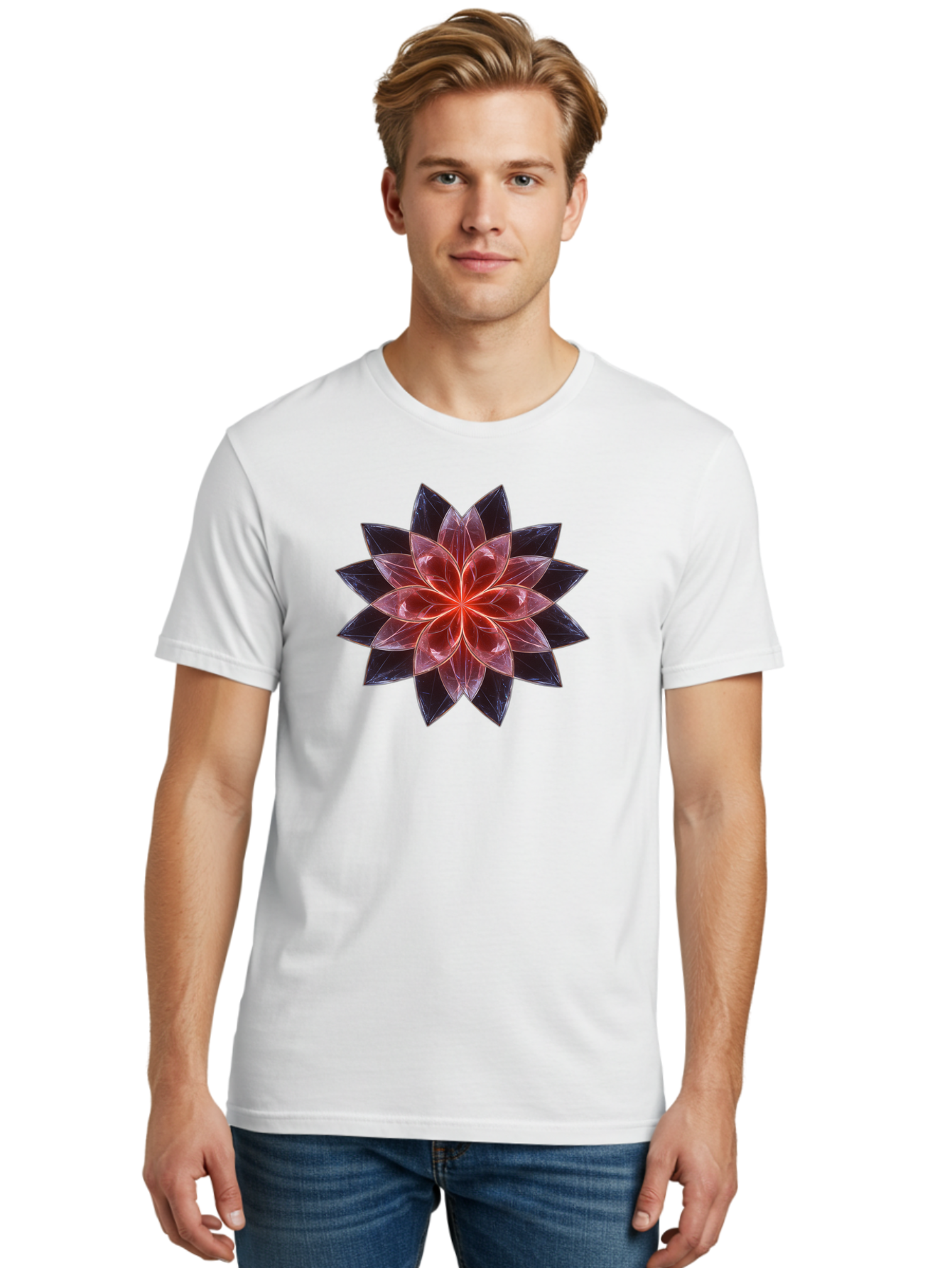 Lotus-Flower Men'S Graphic Tee, 100% Cotton, Comfortable Casual Summer Wear, Machine Washable, Lotus Flower, Geometric Pattern, Symmetrical Design, Floral Motif, Abstract Art, Vibrant Colors, Sacred Geometry, Mandala, Spiritual Symbol, Bad281