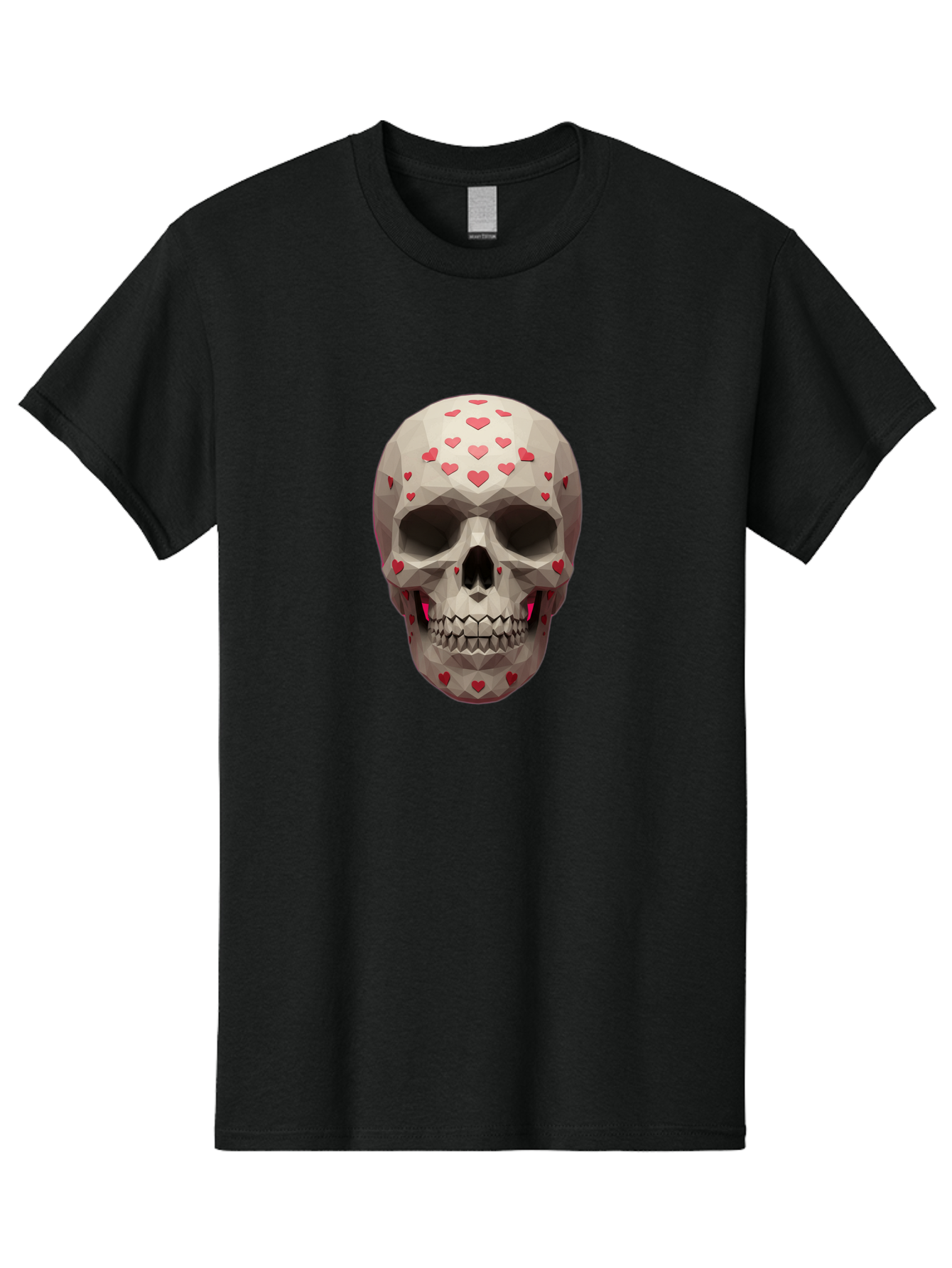 Low-Poly-Skull-With-Hearts Men'S Graphic Tee, 100% Cotton, Comfortable Casual Summer Wear, Machine Washable, Low Poly Skull, 3D Art, Heart Pattern, Red Hearts, Polygonal Design, Skull Art, Modern Art, Graphic Design, Digital Art Bad284