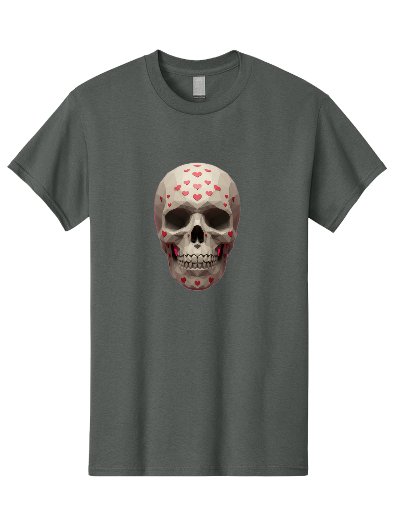 Low-Poly-Skull-With-Hearts Men'S Graphic Tee, 100% Cotton, Comfortable Casual Summer Wear, Machine Washable, Low Poly Skull, 3D Art, Heart Pattern, Red Hearts, Polygonal Design, Skull Art, Modern Art, Graphic Design, Digital Art Bad284