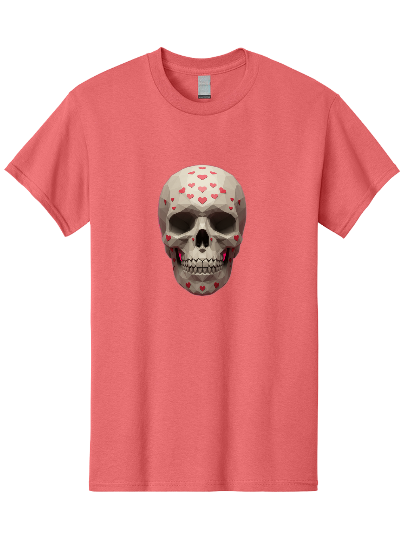Low-Poly-Skull-With-Hearts Men'S Graphic Tee, 100% Cotton, Comfortable Casual Summer Wear, Machine Washable, Low Poly Skull, 3D Art, Heart Pattern, Red Hearts, Polygonal Design, Skull Art, Modern Art, Graphic Design, Digital Art Bad284