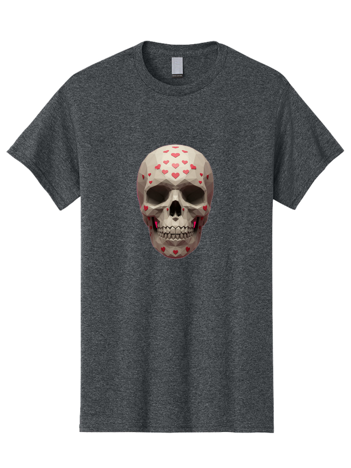 Low-Poly-Skull-With-Hearts Men'S Graphic Tee, 100% Cotton, Comfortable Casual Summer Wear, Machine Washable, Low Poly Skull, 3D Art, Heart Pattern, Red Hearts, Polygonal Design, Skull Art, Modern Art, Graphic Design, Digital Art Bad284