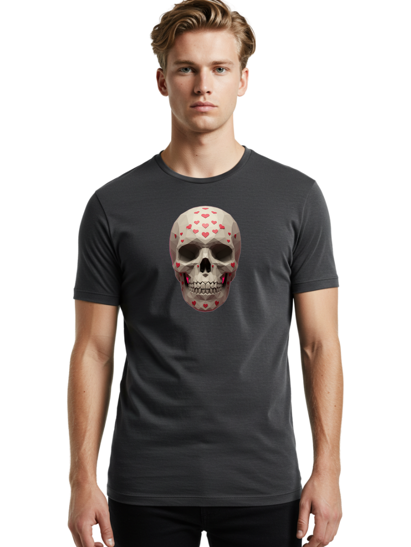 Low-Poly-Skull-With-Hearts Men'S Graphic Tee, 100% Cotton, Comfortable Casual Summer Wear, Machine Washable, Low Poly Skull, 3D Art, Heart Pattern, Red Hearts, Polygonal Design, Skull Art, Modern Art, Graphic Design, Digital Art Bad284