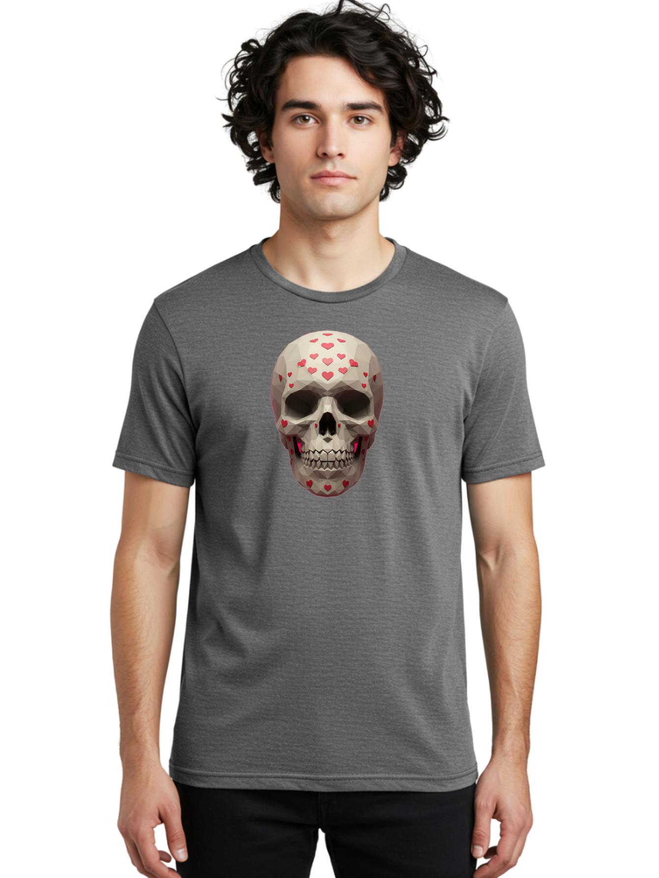 Low-Poly-Skull-With-Hearts Men'S Graphic Tee, 100% Cotton, Comfortable Casual Summer Wear, Machine Washable, Low Poly Skull, 3D Art, Heart Pattern, Red Hearts, Polygonal Design, Skull Art, Modern Art, Graphic Design, Digital Art Bad284