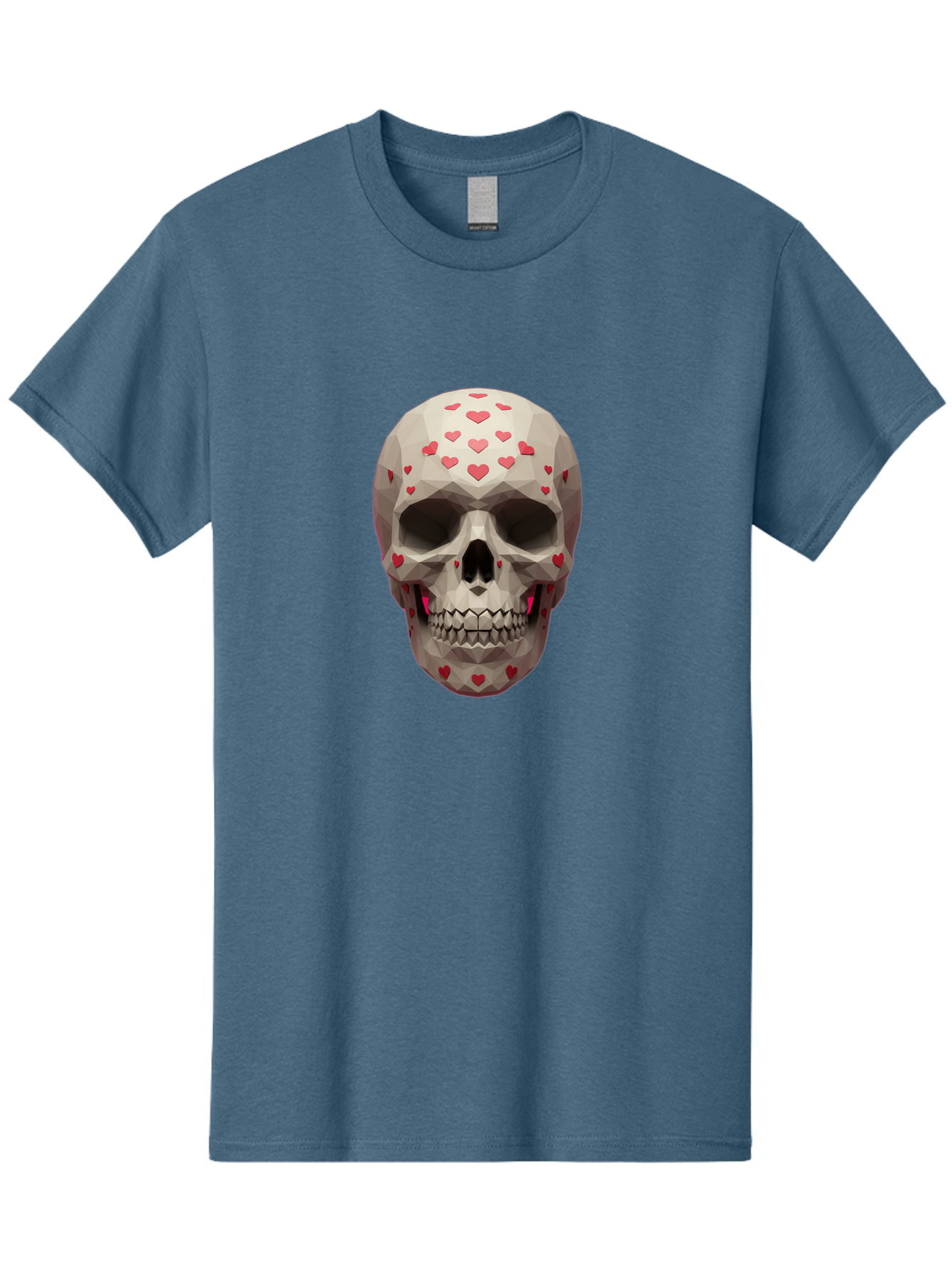 Low-Poly-Skull-With-Hearts Men'S Graphic Tee, 100% Cotton, Comfortable Casual Summer Wear, Machine Washable, Low Poly Skull, 3D Art, Heart Pattern, Red Hearts, Polygonal Design, Skull Art, Modern Art, Graphic Design, Digital Art Bad284