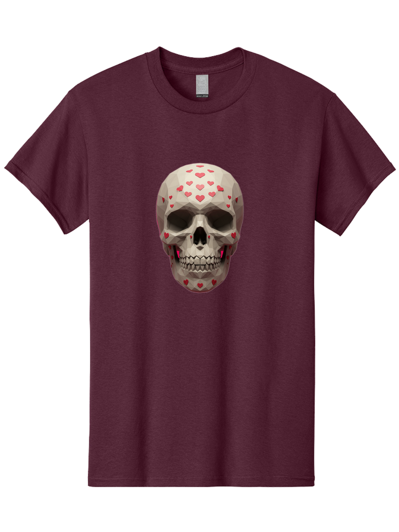 Low-Poly-Skull-With-Hearts Men'S Graphic Tee, 100% Cotton, Comfortable Casual Summer Wear, Machine Washable, Low Poly Skull, 3D Art, Heart Pattern, Red Hearts, Polygonal Design, Skull Art, Modern Art, Graphic Design, Digital Art Bad284