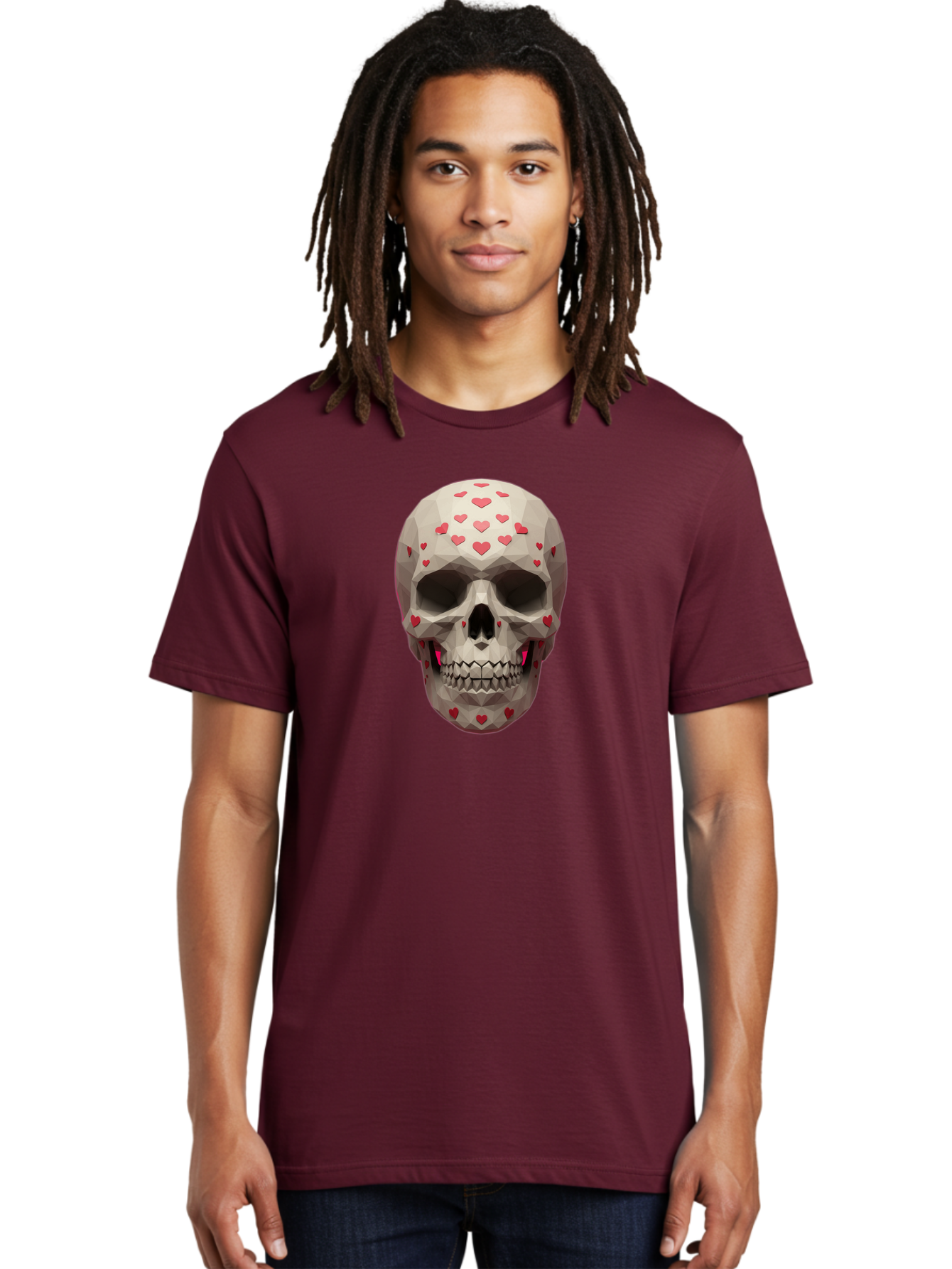 Low-Poly-Skull-With-Hearts Men'S Graphic Tee, 100% Cotton, Comfortable Casual Summer Wear, Machine Washable, Low Poly Skull, 3D Art, Heart Pattern, Red Hearts, Polygonal Design, Skull Art, Modern Art, Graphic Design, Digital Art Bad284