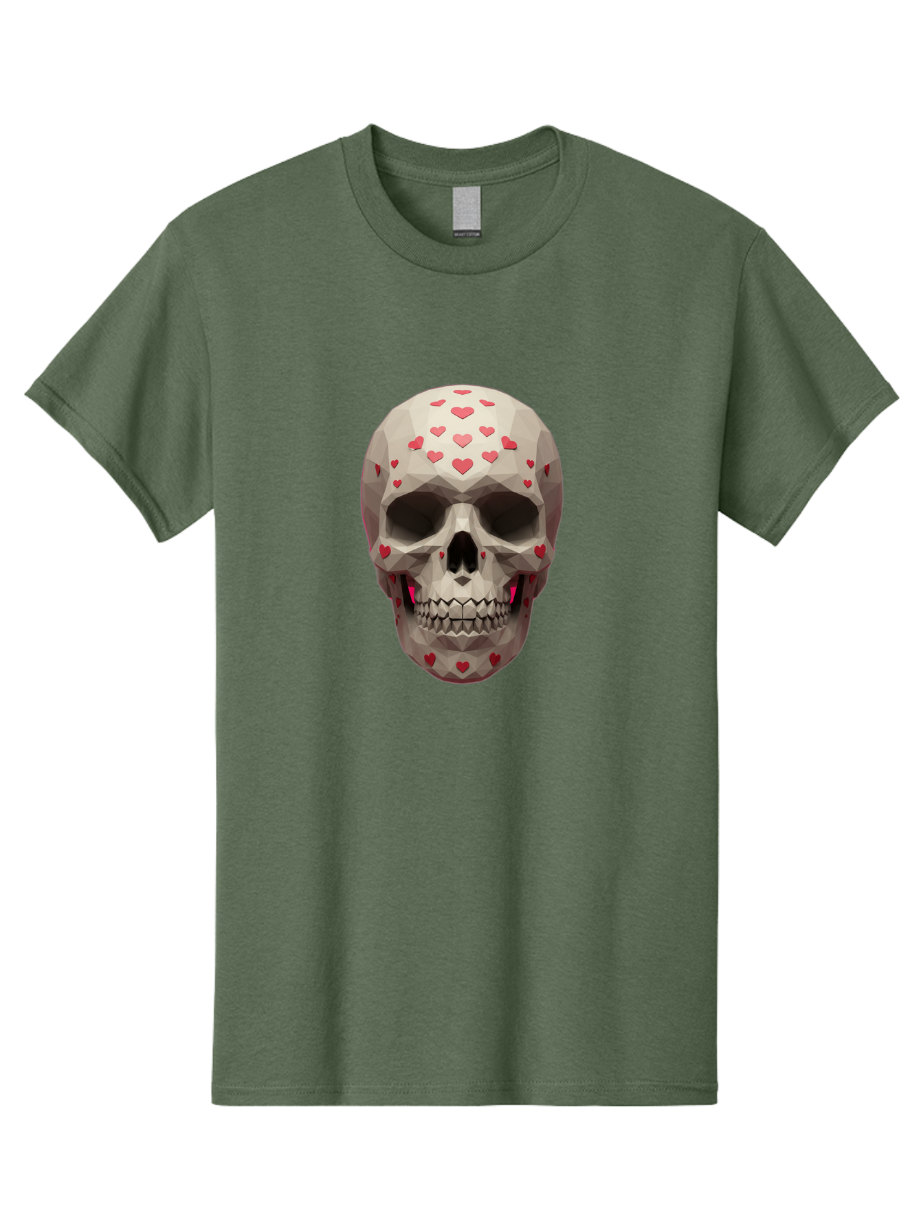 Low-Poly-Skull-With-Hearts Men'S Graphic Tee, 100% Cotton, Comfortable Casual Summer Wear, Machine Washable, Low Poly Skull, 3D Art, Heart Pattern, Red Hearts, Polygonal Design, Skull Art, Modern Art, Graphic Design, Digital Art Bad284