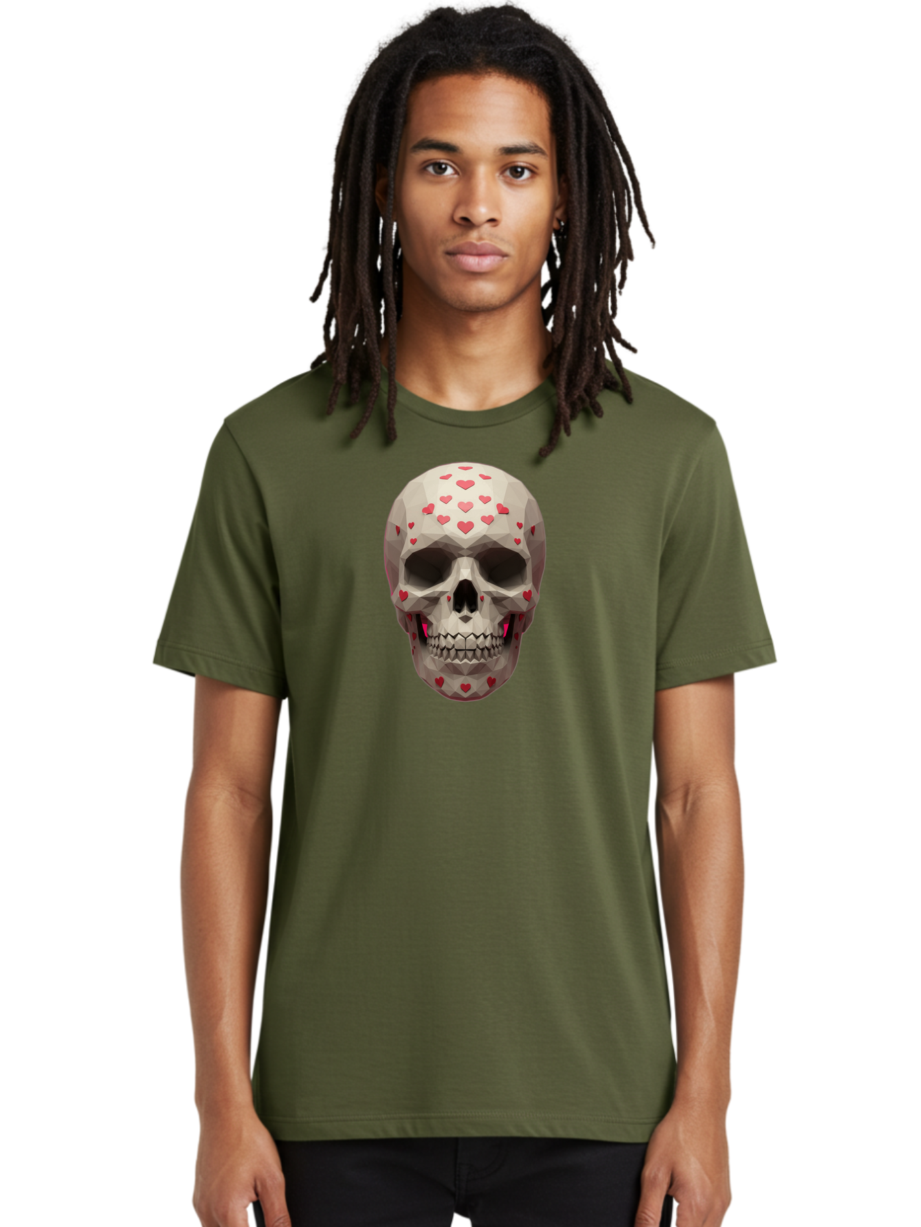 Low-Poly-Skull-With-Hearts Men'S Graphic Tee, 100% Cotton, Comfortable Casual Summer Wear, Machine Washable, Low Poly Skull, 3D Art, Heart Pattern, Red Hearts, Polygonal Design, Skull Art, Modern Art, Graphic Design, Digital Art Bad284