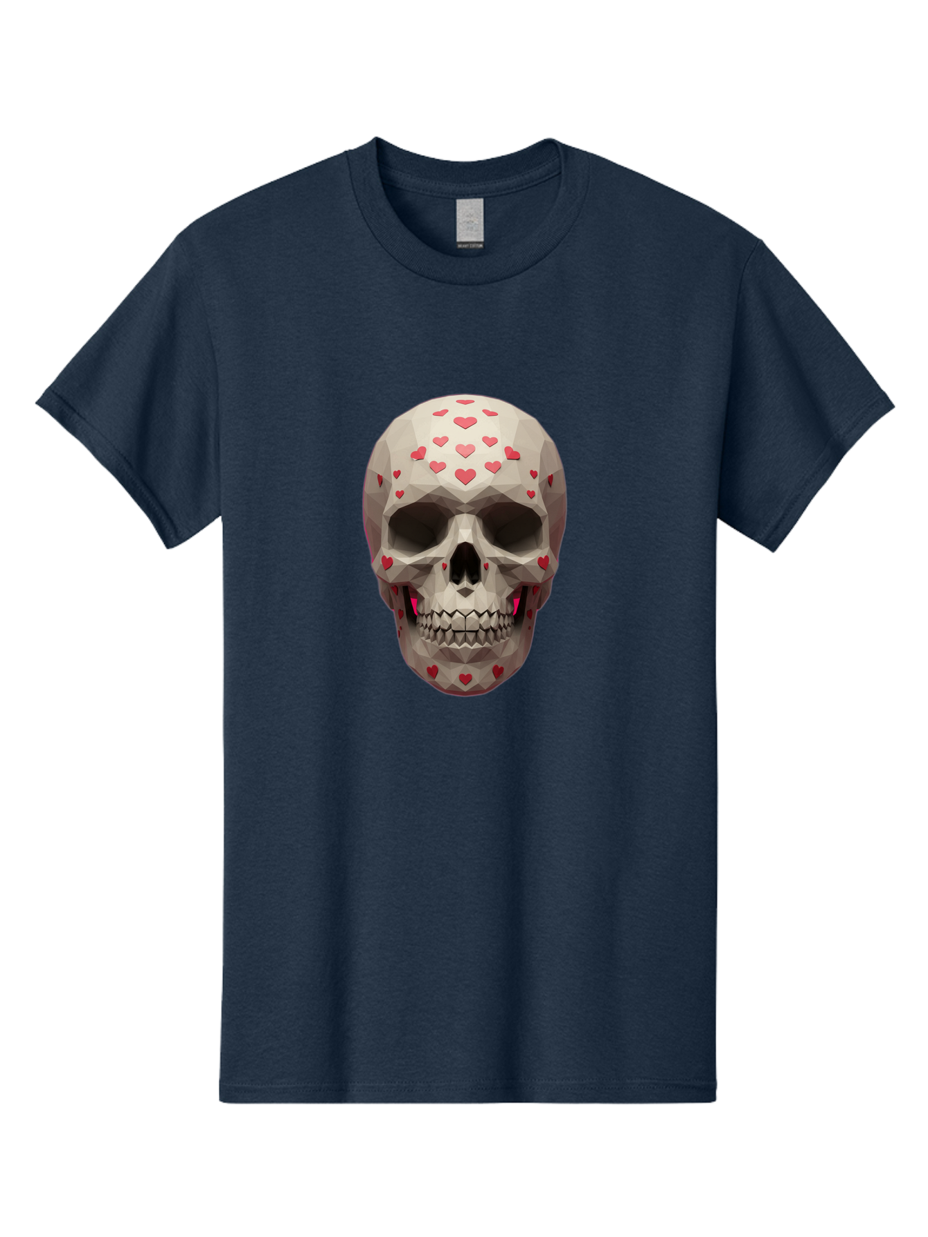Low-Poly-Skull-With-Hearts Men'S Graphic Tee, 100% Cotton, Comfortable Casual Summer Wear, Machine Washable, Low Poly Skull, 3D Art, Heart Pattern, Red Hearts, Polygonal Design, Skull Art, Modern Art, Graphic Design, Digital Art Bad284