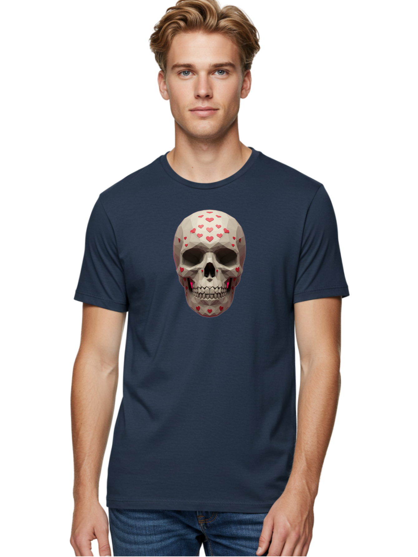Low-Poly-Skull-With-Hearts Men'S Graphic Tee, 100% Cotton, Comfortable Casual Summer Wear, Machine Washable, Low Poly Skull, 3D Art, Heart Pattern, Red Hearts, Polygonal Design, Skull Art, Modern Art, Graphic Design, Digital Art Bad284