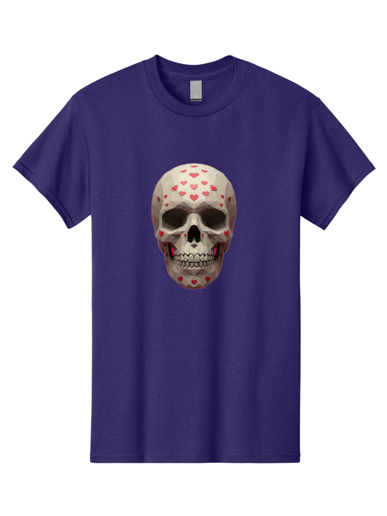 Low-Poly-Skull-With-Hearts Men'S Graphic Tee, 100% Cotton, Comfortable Casual Summer Wear, Machine Washable, Low Poly Skull, 3D Art, Heart Pattern, Red Hearts, Polygonal Design, Skull Art, Modern Art, Graphic Design, Digital Art Bad284
