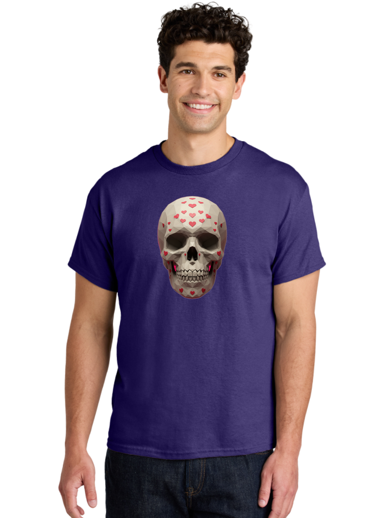 Low-Poly-Skull-With-Hearts Men'S Graphic Tee, 100% Cotton, Comfortable Casual Summer Wear, Machine Washable, Low Poly Skull, 3D Art, Heart Pattern, Red Hearts, Polygonal Design, Skull Art, Modern Art, Graphic Design, Digital Art Bad284