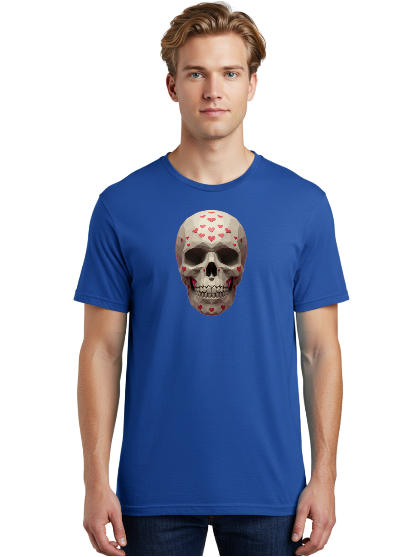 Low-Poly-Skull-With-Hearts Men'S Graphic Tee, 100% Cotton, Comfortable Casual Summer Wear, Machine Washable, Low Poly Skull, 3D Art, Heart Pattern, Red Hearts, Polygonal Design, Skull Art, Modern Art, Graphic Design, Digital Art Bad284