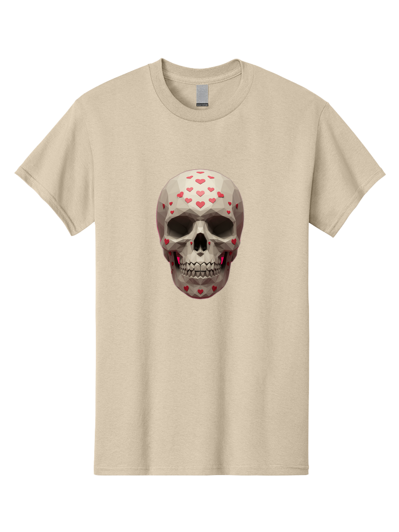 Low-Poly-Skull-With-Hearts Men'S Graphic Tee, 100% Cotton, Comfortable Casual Summer Wear, Machine Washable, Low Poly Skull, 3D Art, Heart Pattern, Red Hearts, Polygonal Design, Skull Art, Modern Art, Graphic Design, Digital Art Bad284