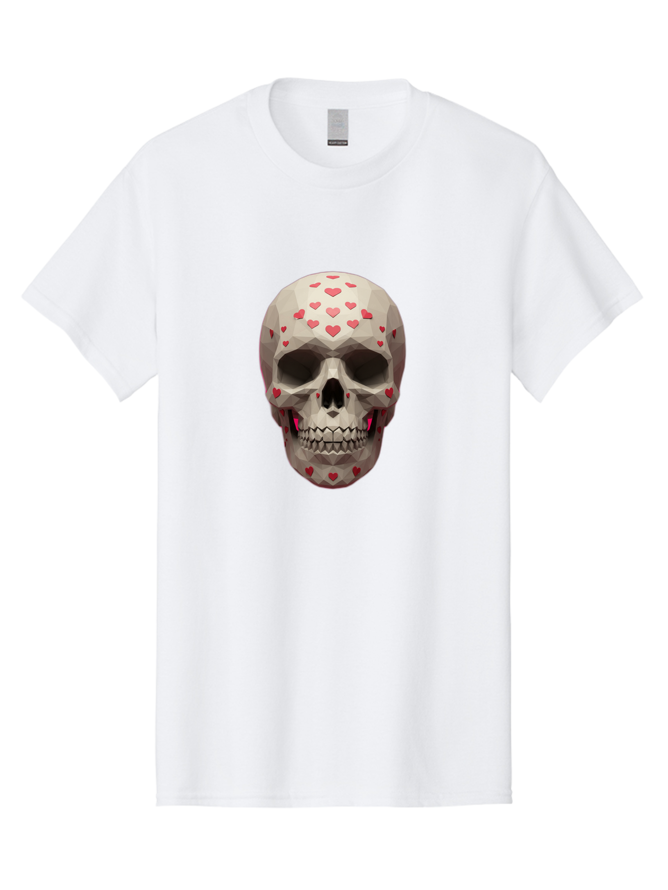 Low-Poly-Skull-With-Hearts Men'S Graphic Tee, 100% Cotton, Comfortable Casual Summer Wear, Machine Washable, Low Poly Skull, 3D Art, Heart Pattern, Red Hearts, Polygonal Design, Skull Art, Modern Art, Graphic Design, Digital Art Bad284