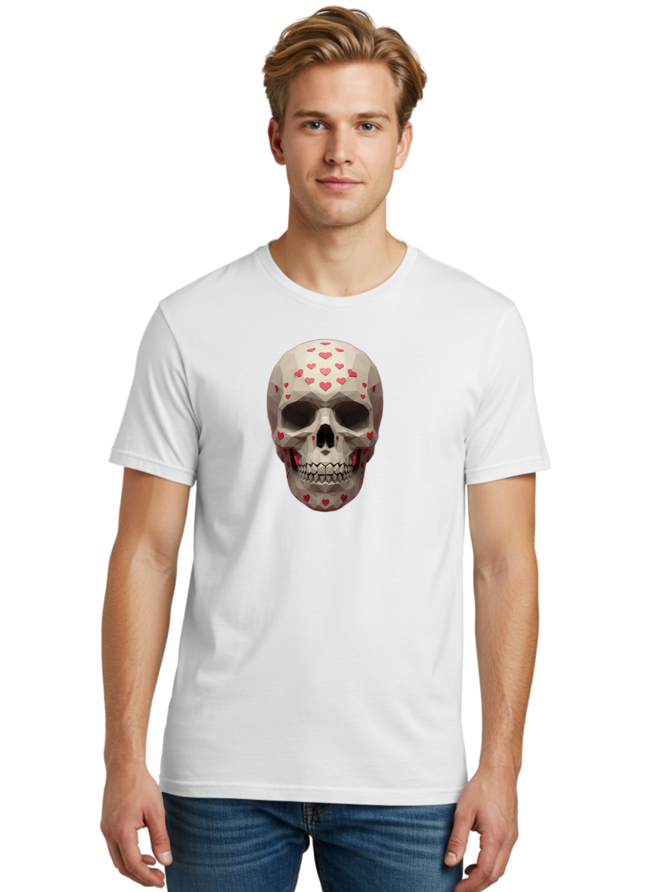 Low-Poly-Skull-With-Hearts Men'S Graphic Tee, 100% Cotton, Comfortable Casual Summer Wear, Machine Washable, Low Poly Skull, 3D Art, Heart Pattern, Red Hearts, Polygonal Design, Skull Art, Modern Art, Graphic Design, Digital Art Bad284