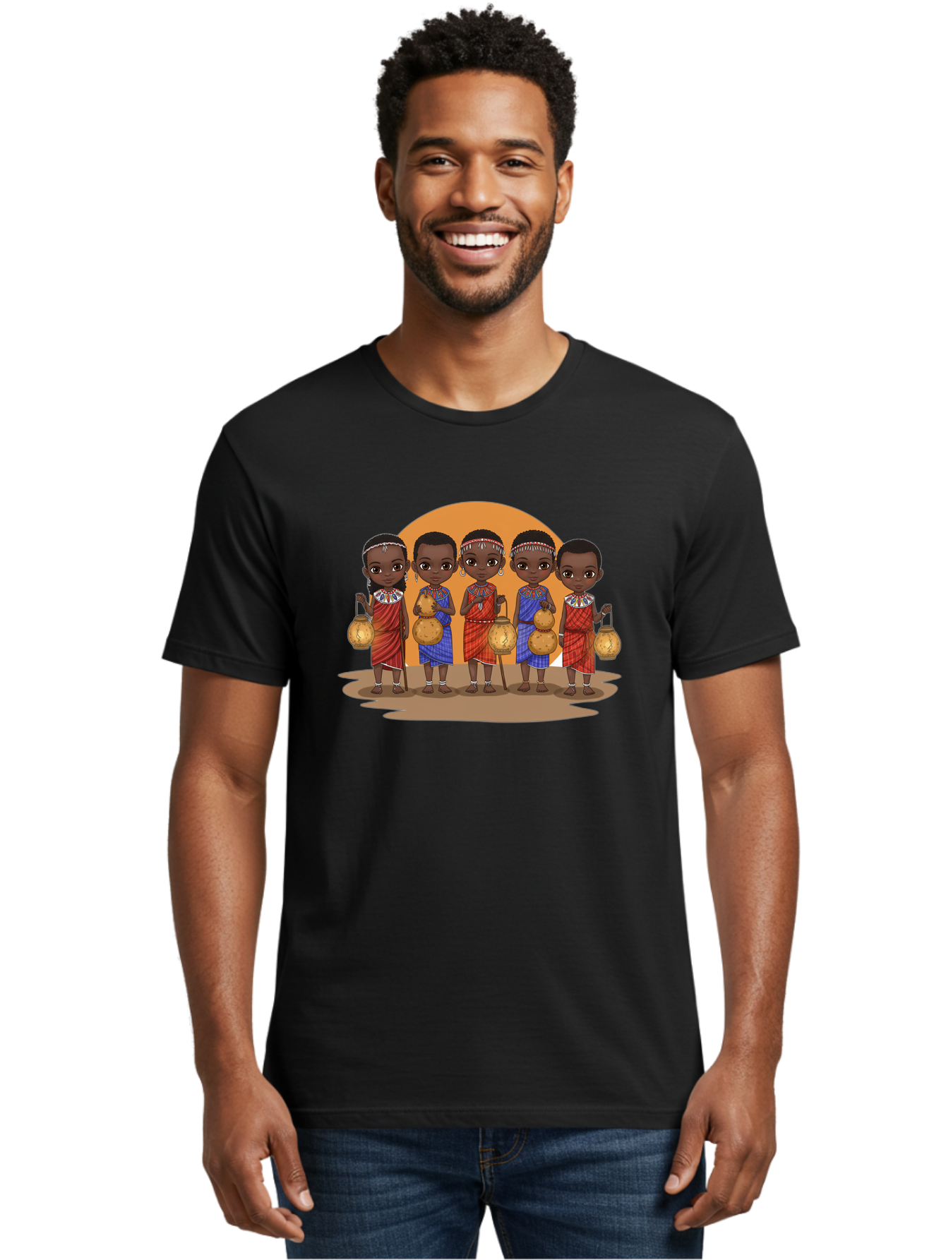 Maasai-Girls Men'S Graphic Tee, 100% Cotton, Comfortable Casual Summer Wear, Machine Washable, Maasai Girls In Traditional Attire, Colorful Clothing, Beaded Jewelry, Carrying Water Jugs, African Culture, Maasai Tribe, Traditional Dress, Bad286