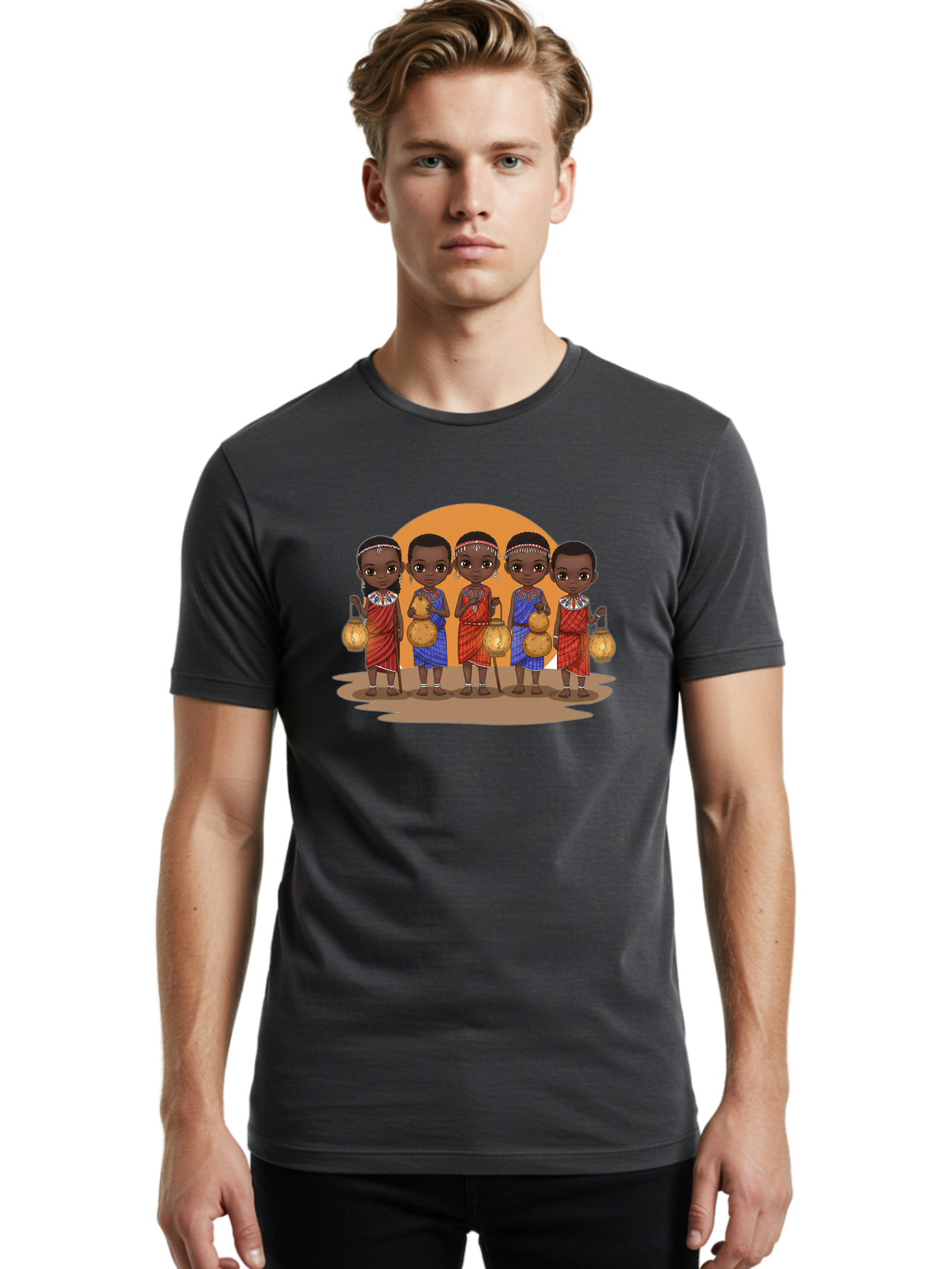 Maasai-Girls Men'S Graphic Tee, 100% Cotton, Comfortable Casual Summer Wear, Machine Washable, Maasai Girls In Traditional Attire, Colorful Clothing, Beaded Jewelry, Carrying Water Jugs, African Culture, Maasai Tribe, Traditional Dress, Bad286