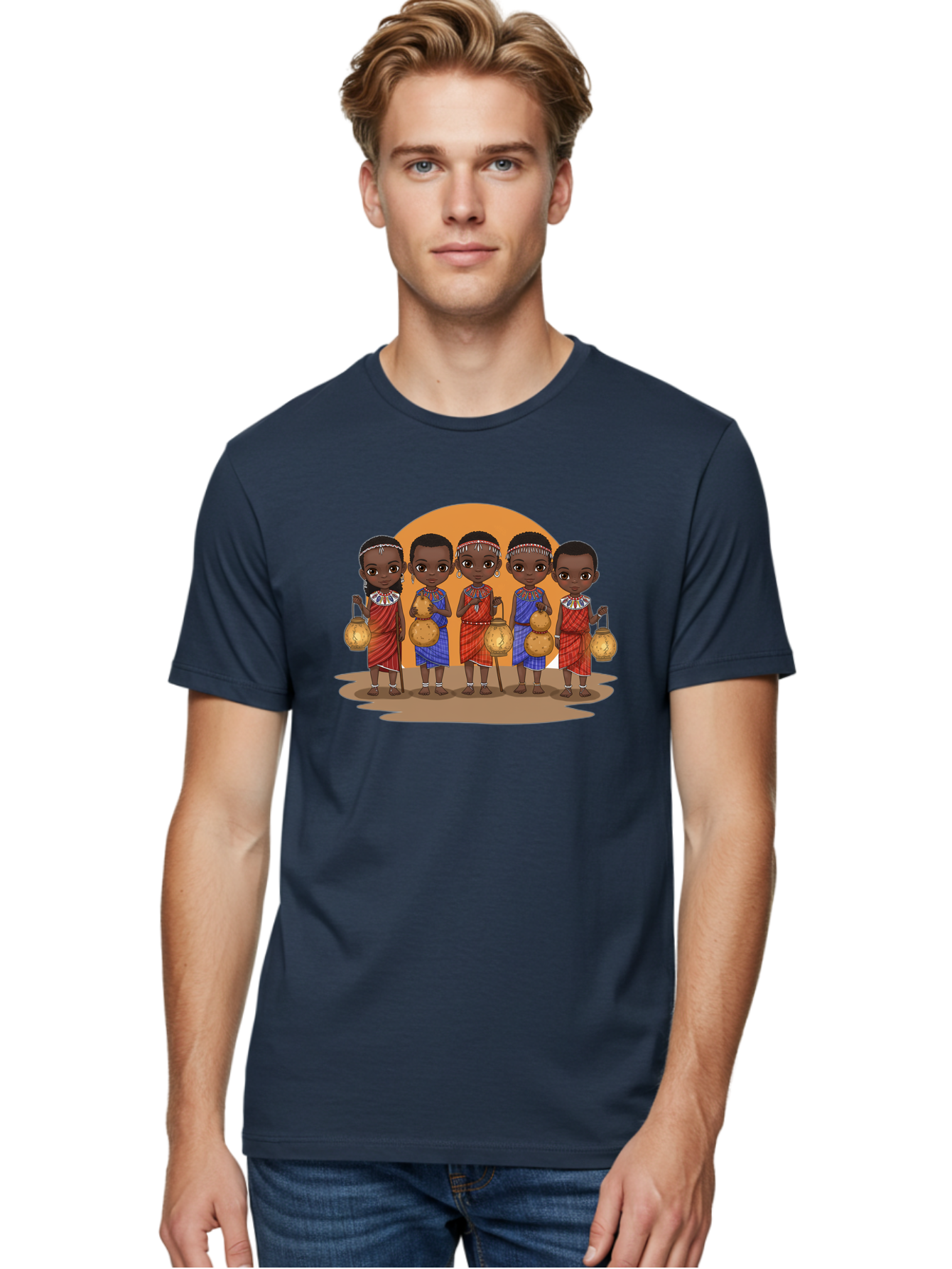 Maasai-Girls Men'S Graphic Tee, 100% Cotton, Comfortable Casual Summer Wear, Machine Washable, Maasai Girls In Traditional Attire, Colorful Clothing, Beaded Jewelry, Carrying Water Jugs, African Culture, Maasai Tribe, Traditional Dress, Bad286