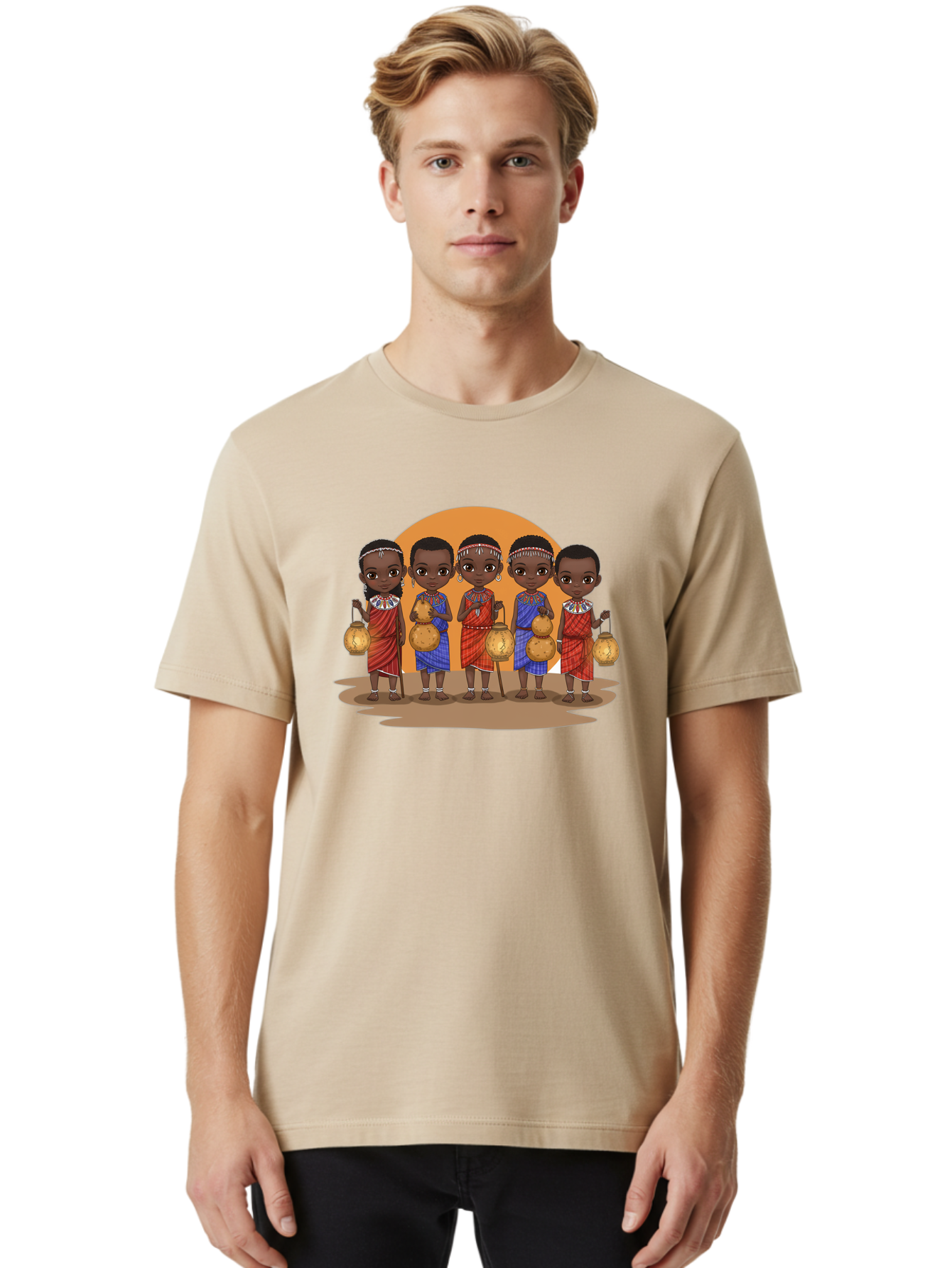 Maasai-Girls Men'S Graphic Tee, 100% Cotton, Comfortable Casual Summer Wear, Machine Washable, Maasai Girls In Traditional Attire, Colorful Clothing, Beaded Jewelry, Carrying Water Jugs, African Culture, Maasai Tribe, Traditional Dress, Bad286