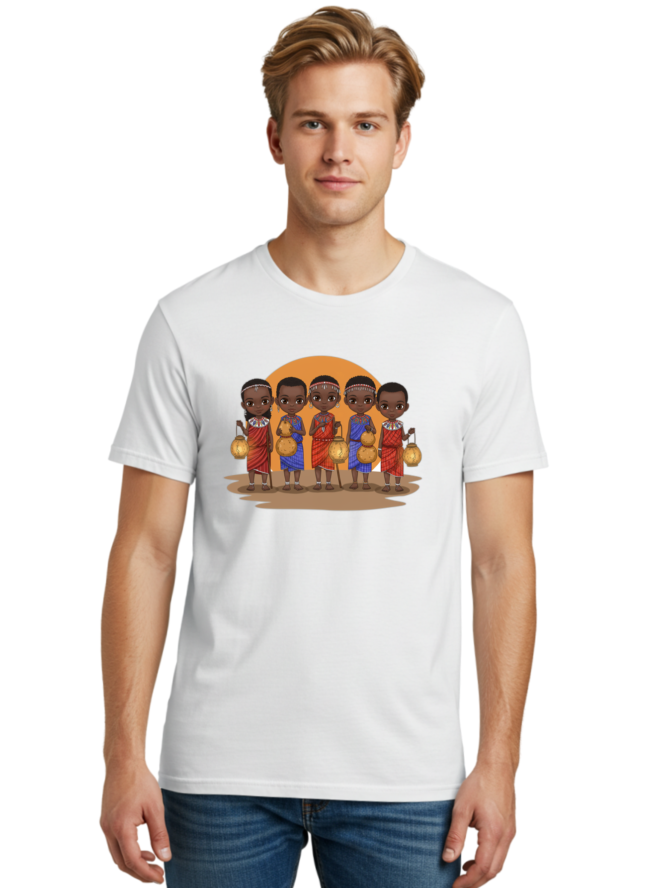 Maasai-Girls Men'S Graphic Tee, 100% Cotton, Comfortable Casual Summer Wear, Machine Washable, Maasai Girls In Traditional Attire, Colorful Clothing, Beaded Jewelry, Carrying Water Jugs, African Culture, Maasai Tribe, Traditional Dress, Bad286