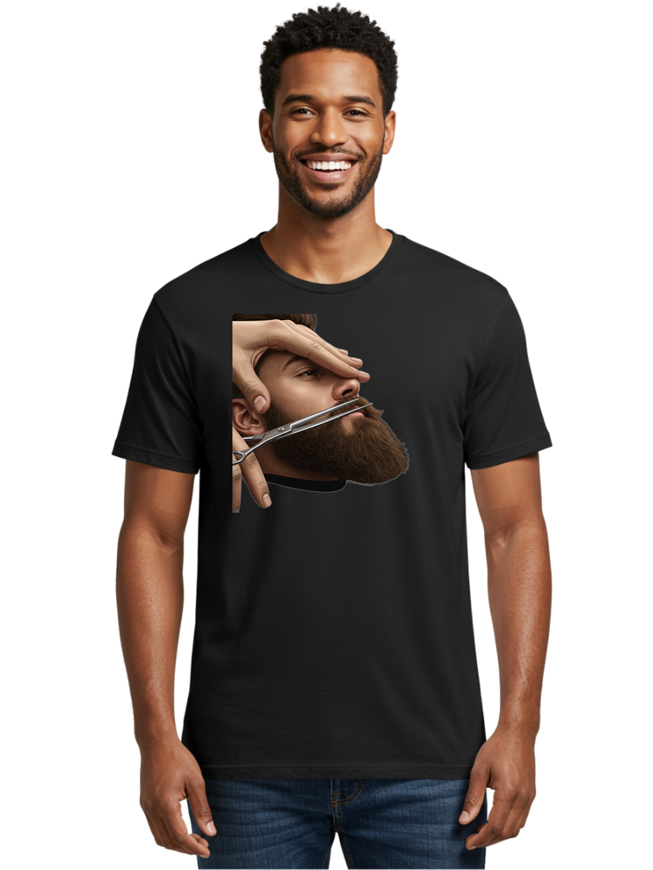 Man-Getting-Beard-Trimmed Men'S Graphic Tee, 100% Cotton, Comfortable Casual Summer Wear, Machine Washable, Beard Grooming, Beard Trimming, Barber Services, Men'S Grooming, Beard Care, Scissors Cutting Beard, Precise Cut, Stylish Beard Bad292